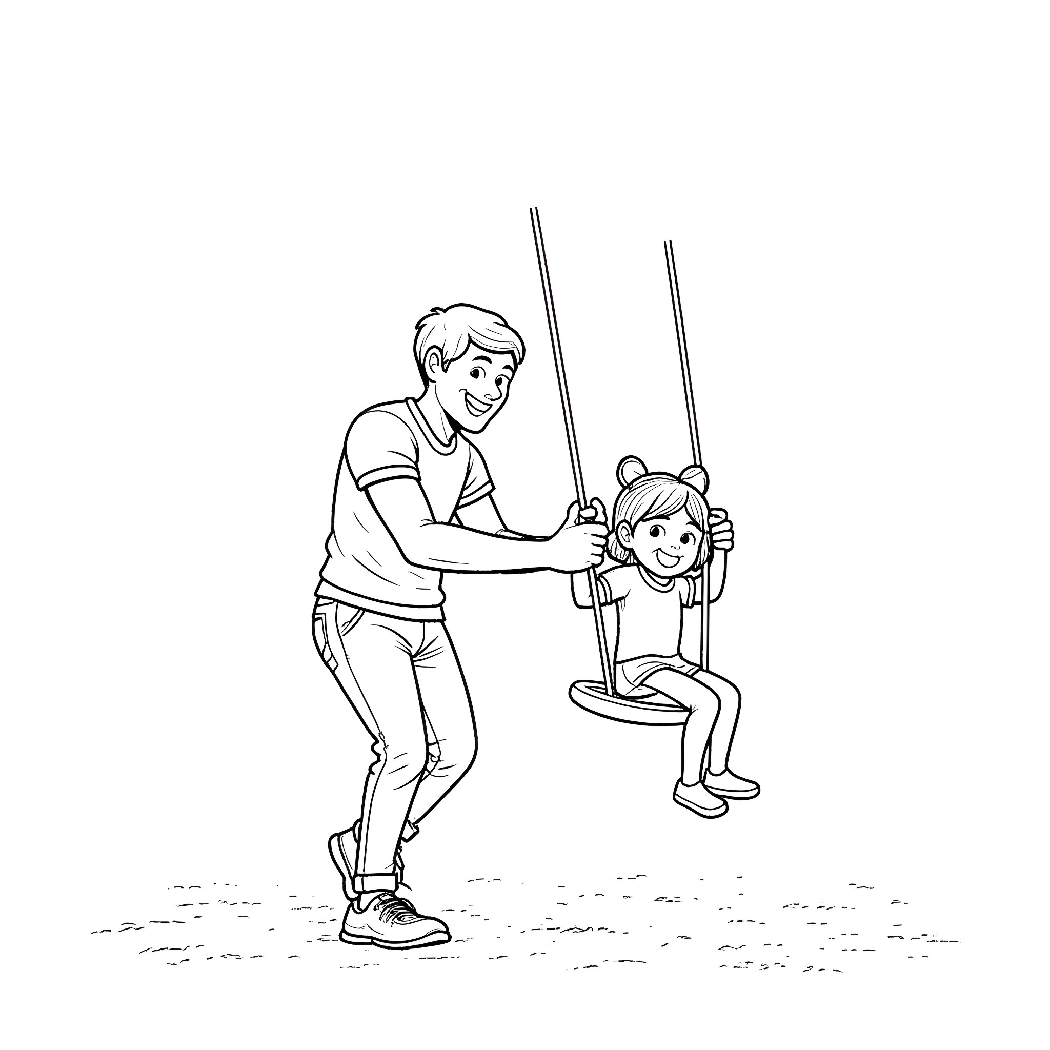 Dad helping daughter on swing in park Coloring Page (free black-and-white line drawing printable PDF for all, from beginners to advanced learners, including children, teens, adults, and seniors)