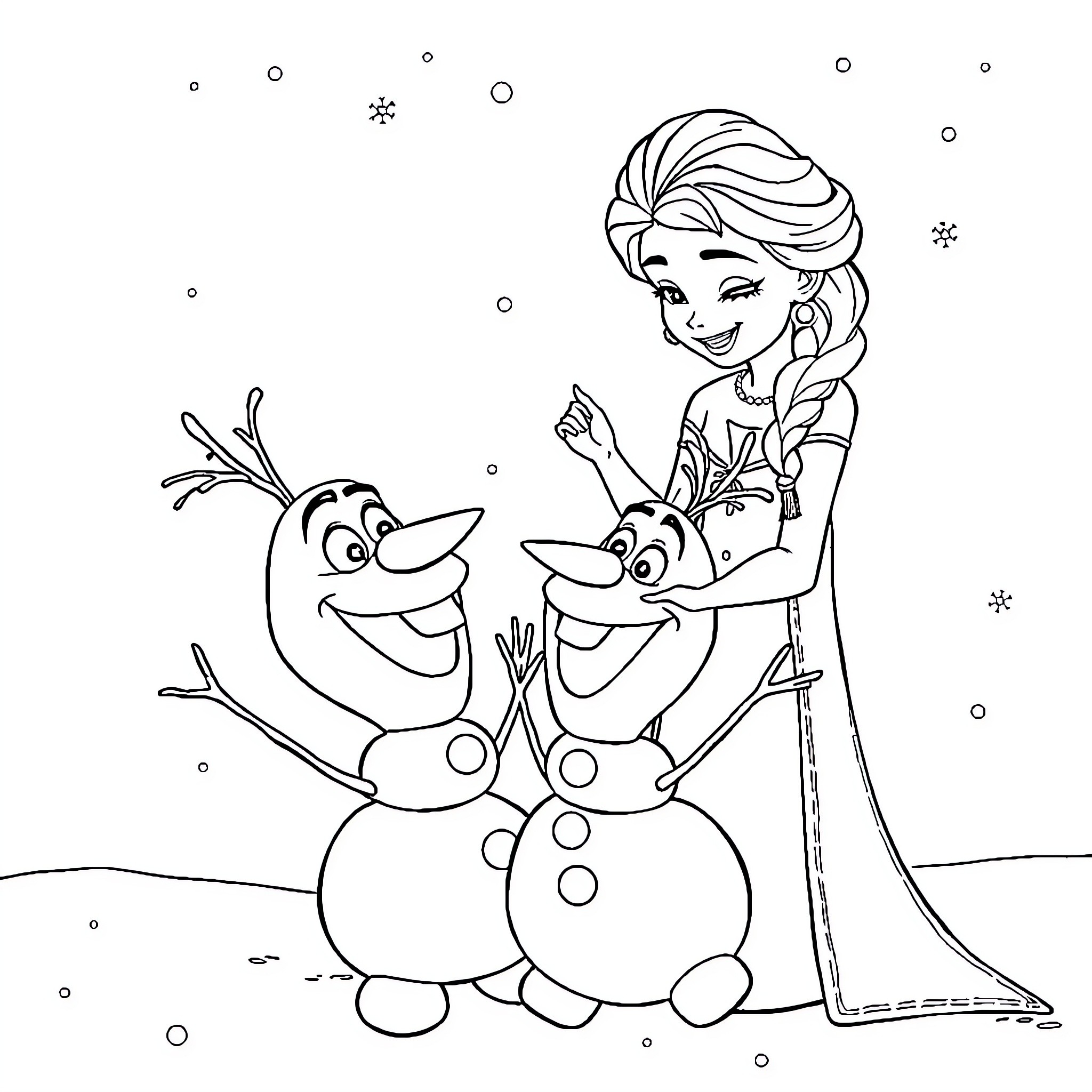 Elsa enjoying a snowy day with Olaf Coloring Page (free black-and-white line drawing printable PDF for all, from beginners to advanced learners, including children, teens, adults, and seniors)