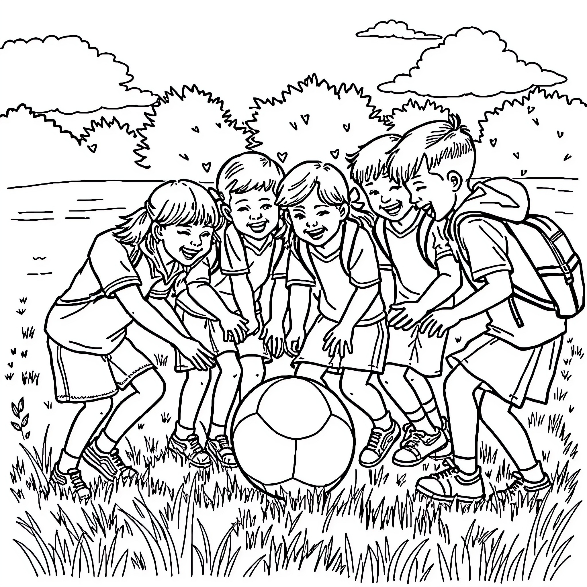 Pupils playing joyfully with a ball in the park Coloring Page (free black-and-white line drawing printable PDF for all, from beginners to advanced learners, including children, teens, adults, and seniors)
