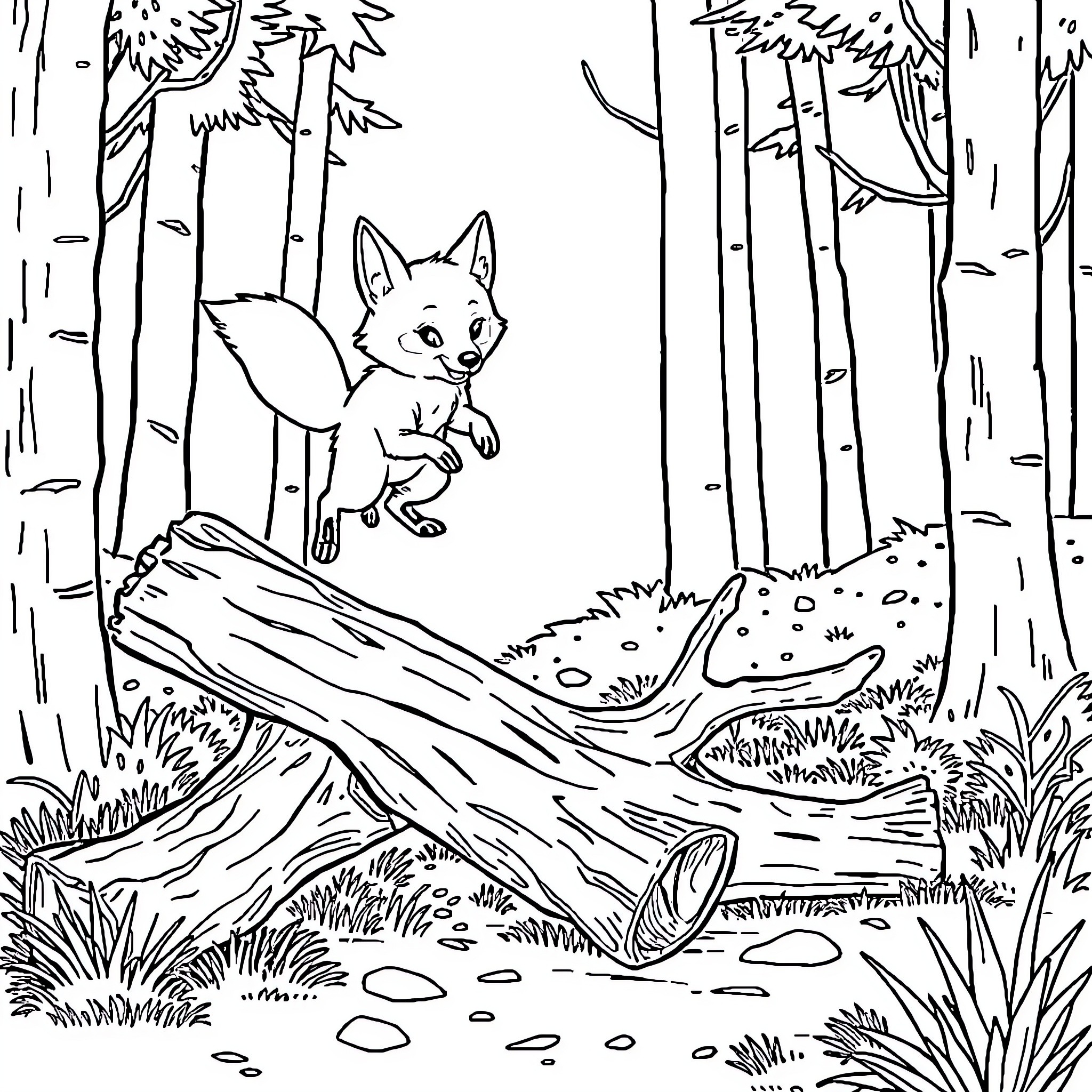 Fox exploring the enchanting forest Coloring Page (free black-and-white line drawing printable PDF for all, from beginners to advanced learners, including children, teens, adults, and seniors)