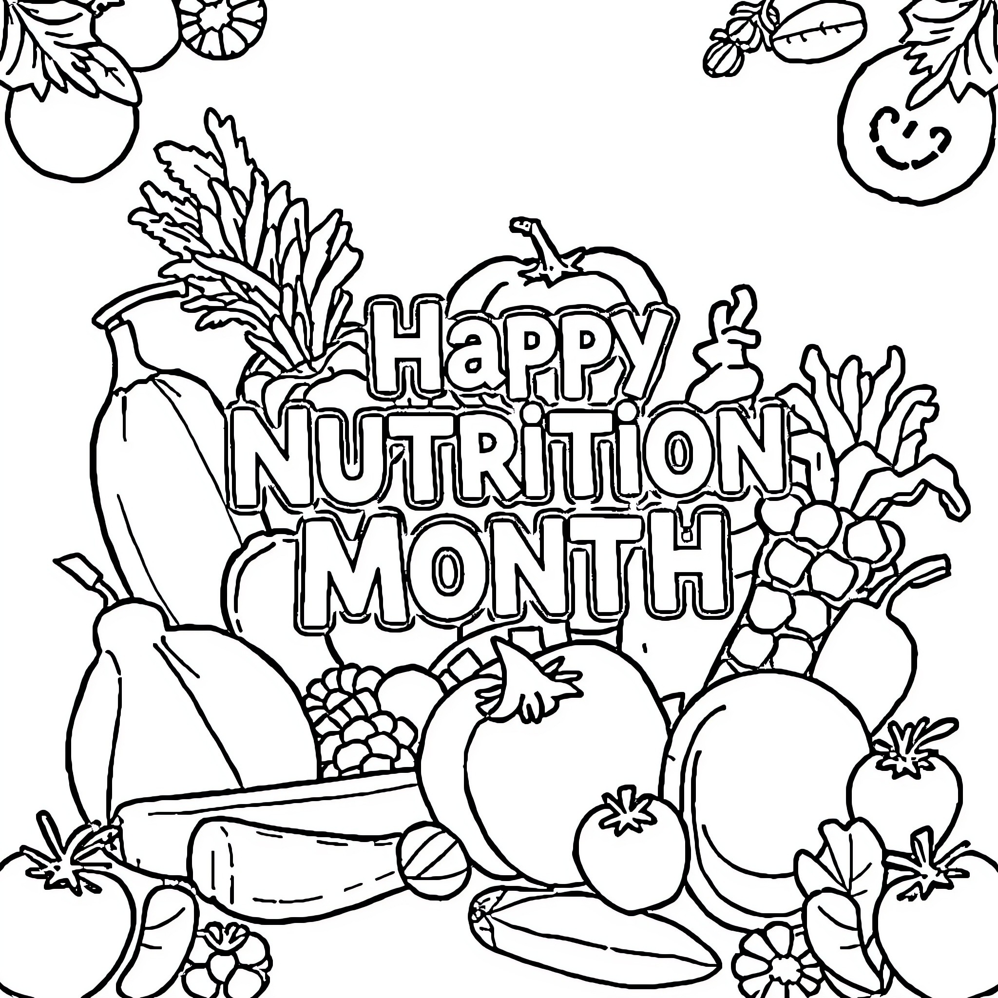 Nutrition Month Celebration with Fruits and Vegetables Coloring Page (free black-and-white line drawing printable PDF for all, from beginners to advanced learners, including children, teens, adults, and seniors)