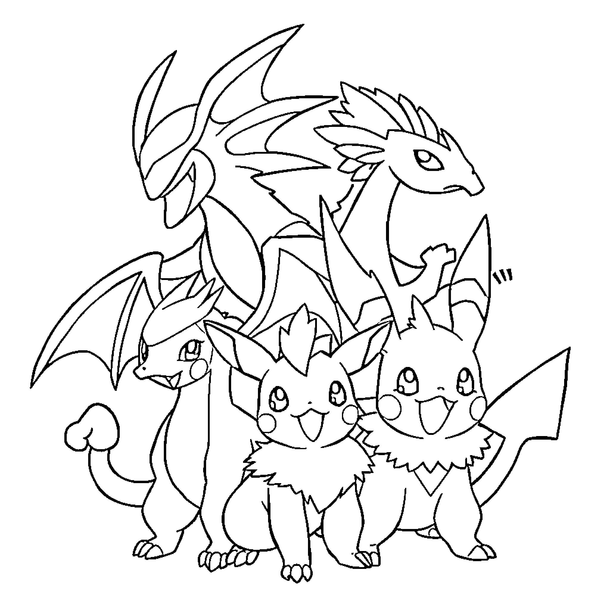 Pokémon characters in diverse poses and expressions Coloring Page (free black-and-white line drawing printable PDF for all, from beginners to advanced learners, including children, teens, adults, and seniors)
