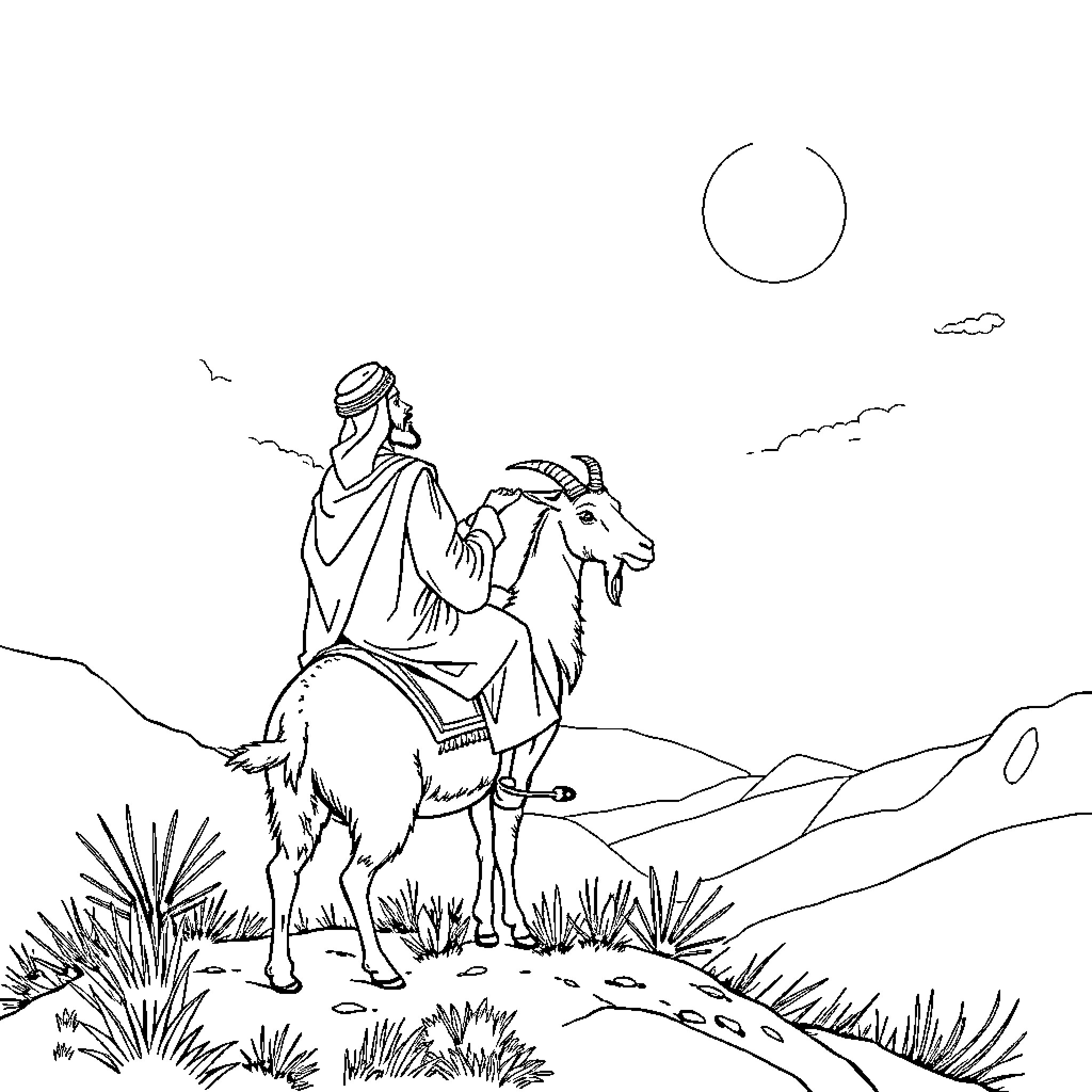 Allah's Humble Shepherd in the Serene Landscape Coloring Page (free black-and-white line drawing printable PDF for all, from beginners to advanced learners, including children, teens, adults, and seniors)