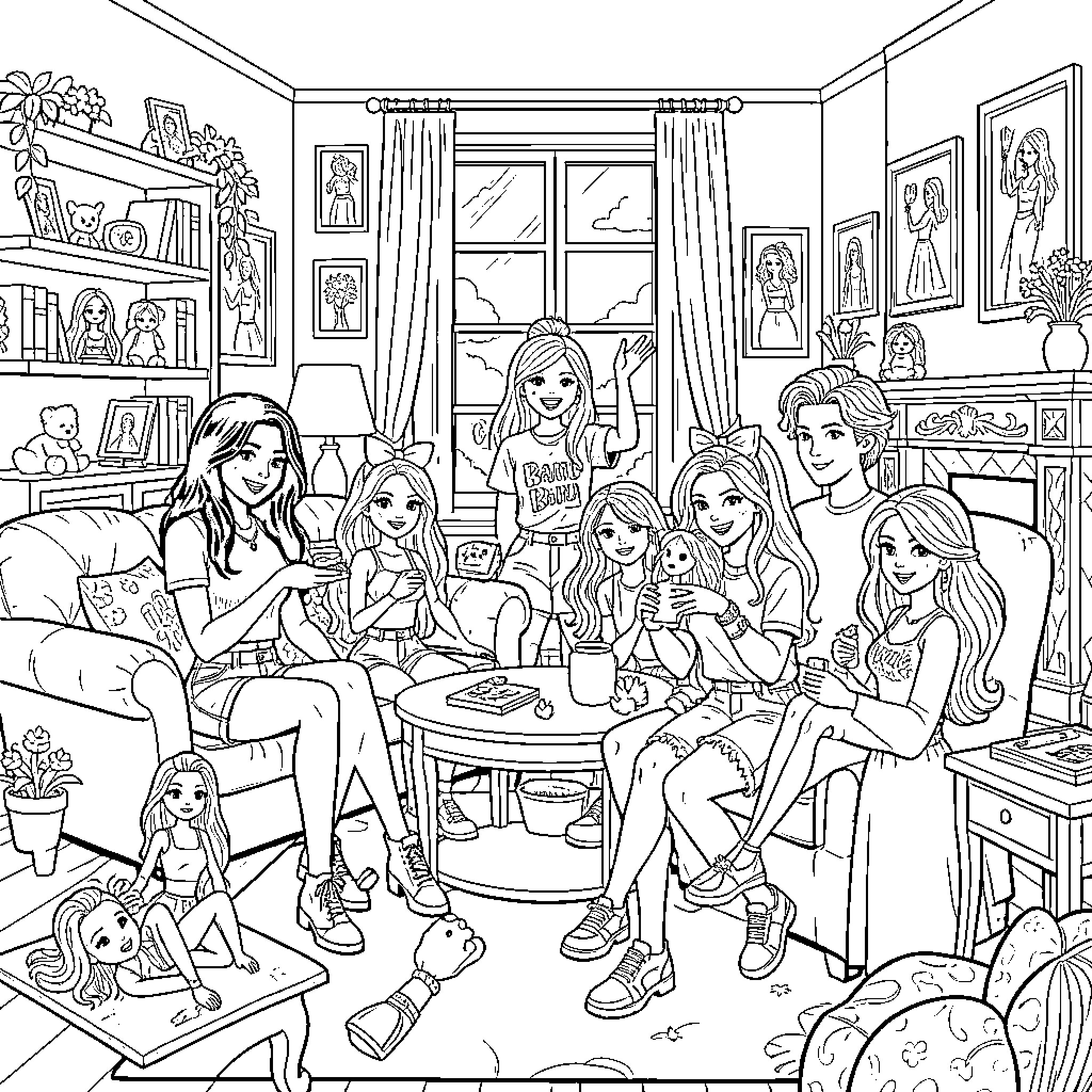 Kpop idols gathering and chatting in a cozy room Coloring Page (free black-and-white line drawing printable PDF for all, from beginners to advanced learners, including children, teens, adults, and seniors)