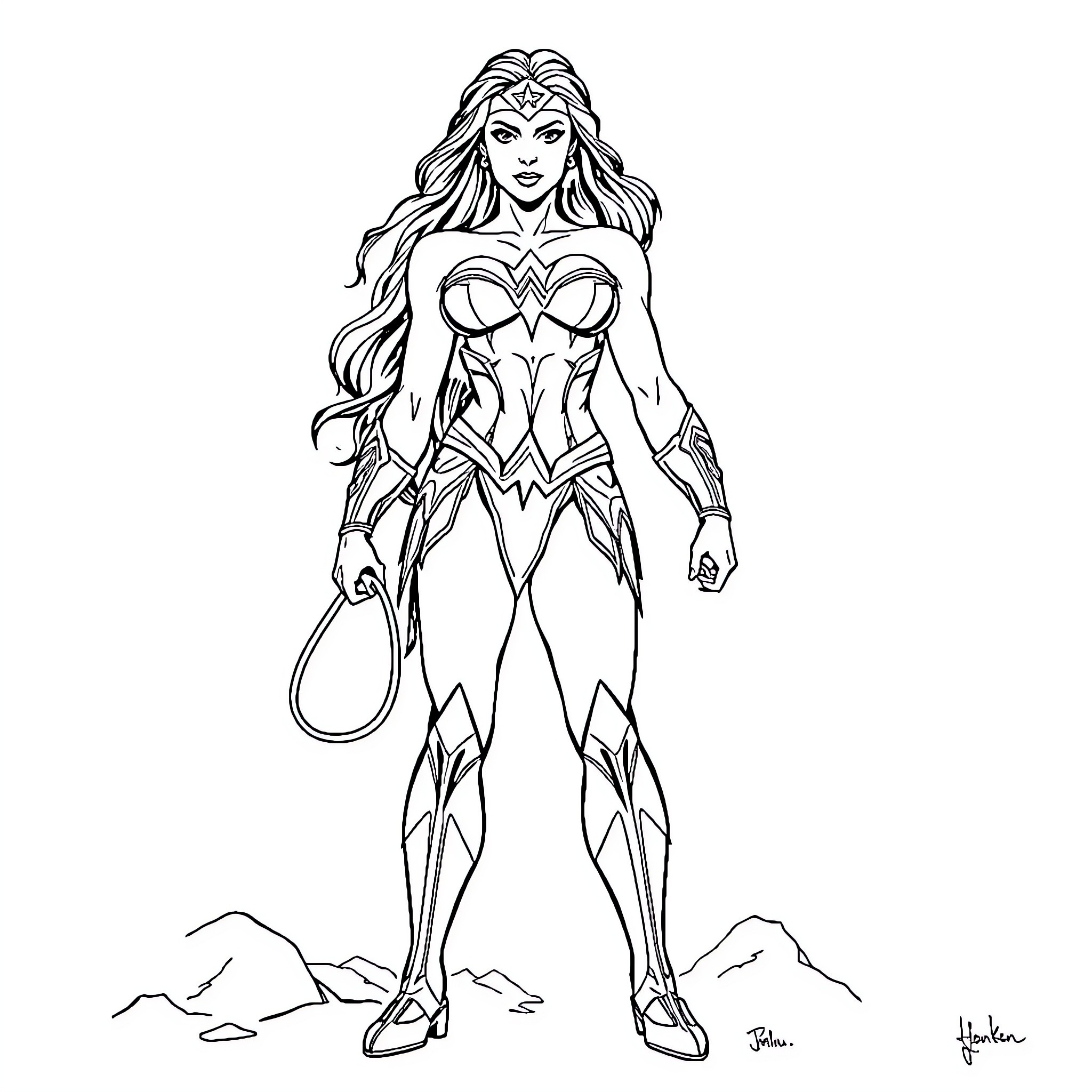 Wonder Woman in heroic stance with lasso Coloring Page (free black-and-white line drawing printable PDF for all, from beginners to advanced learners, including children, teens, adults, and seniors)