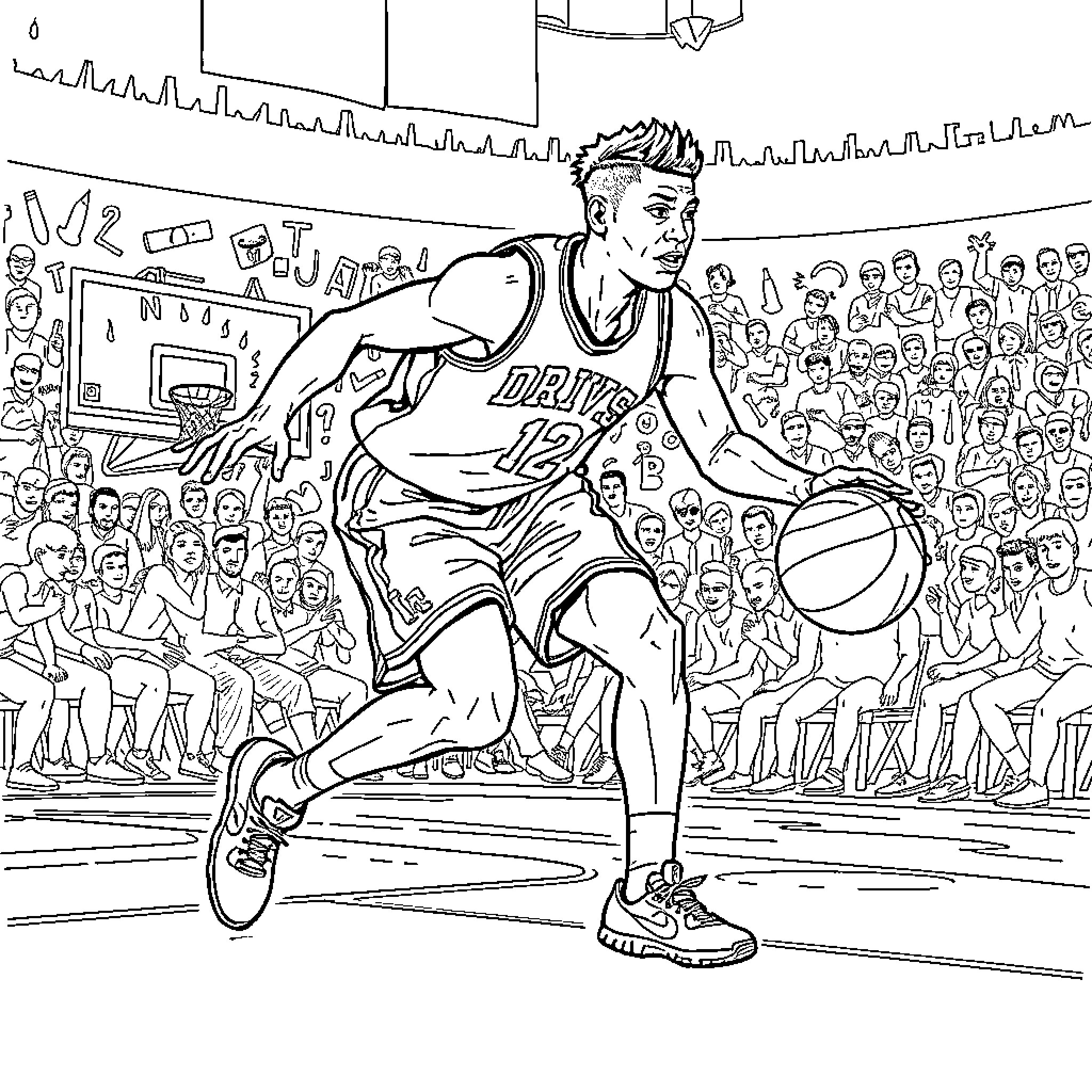 Devin Booker Dribbling Basketball in Crowded Arena Coloring Page (free black-and-white line drawing printable PDF for all, from beginners to advanced learners, including children, teens, adults, and seniors)