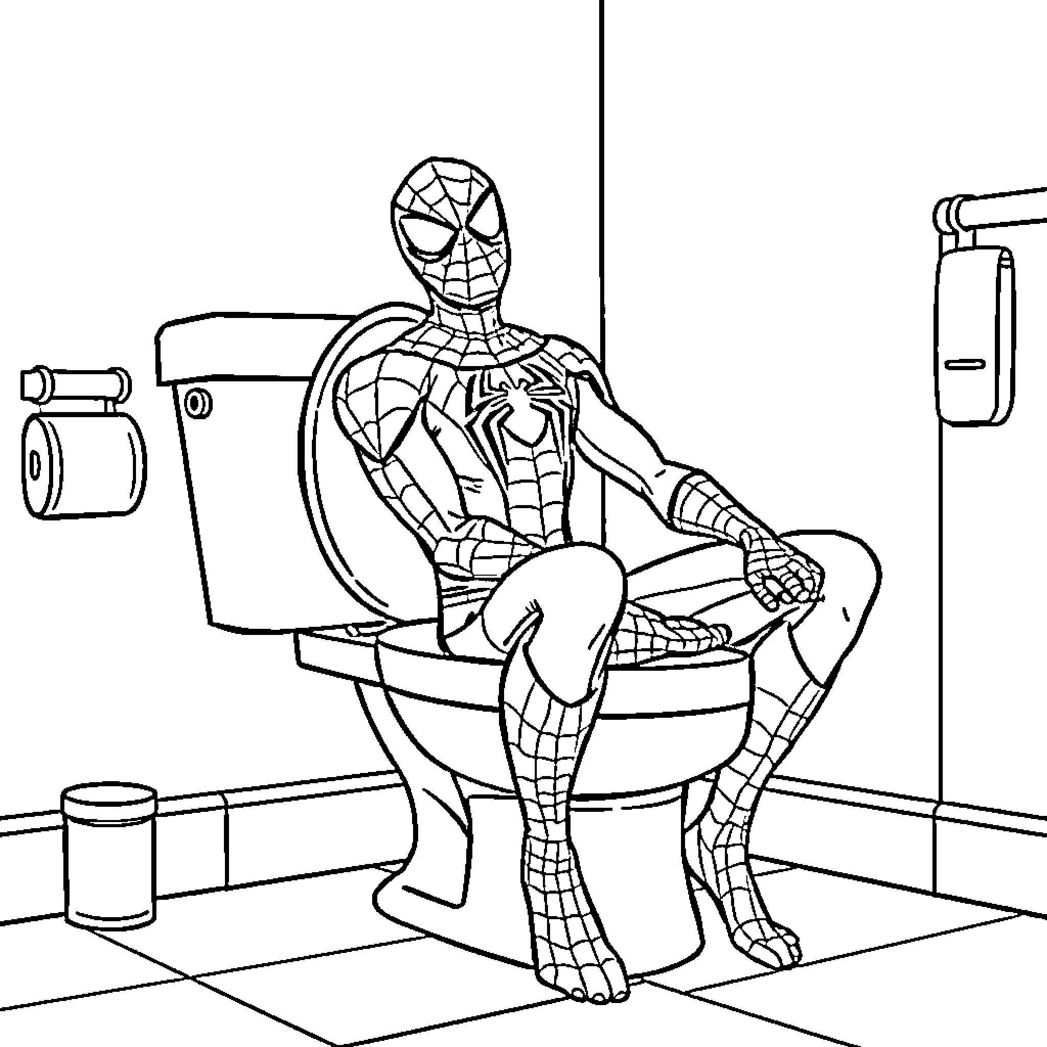 Spiderman relaxing on the toilet Coloring Page (free black-and-white line drawing printable PDF for all, from beginners to advanced learners, including children, teens, adults, and seniors)