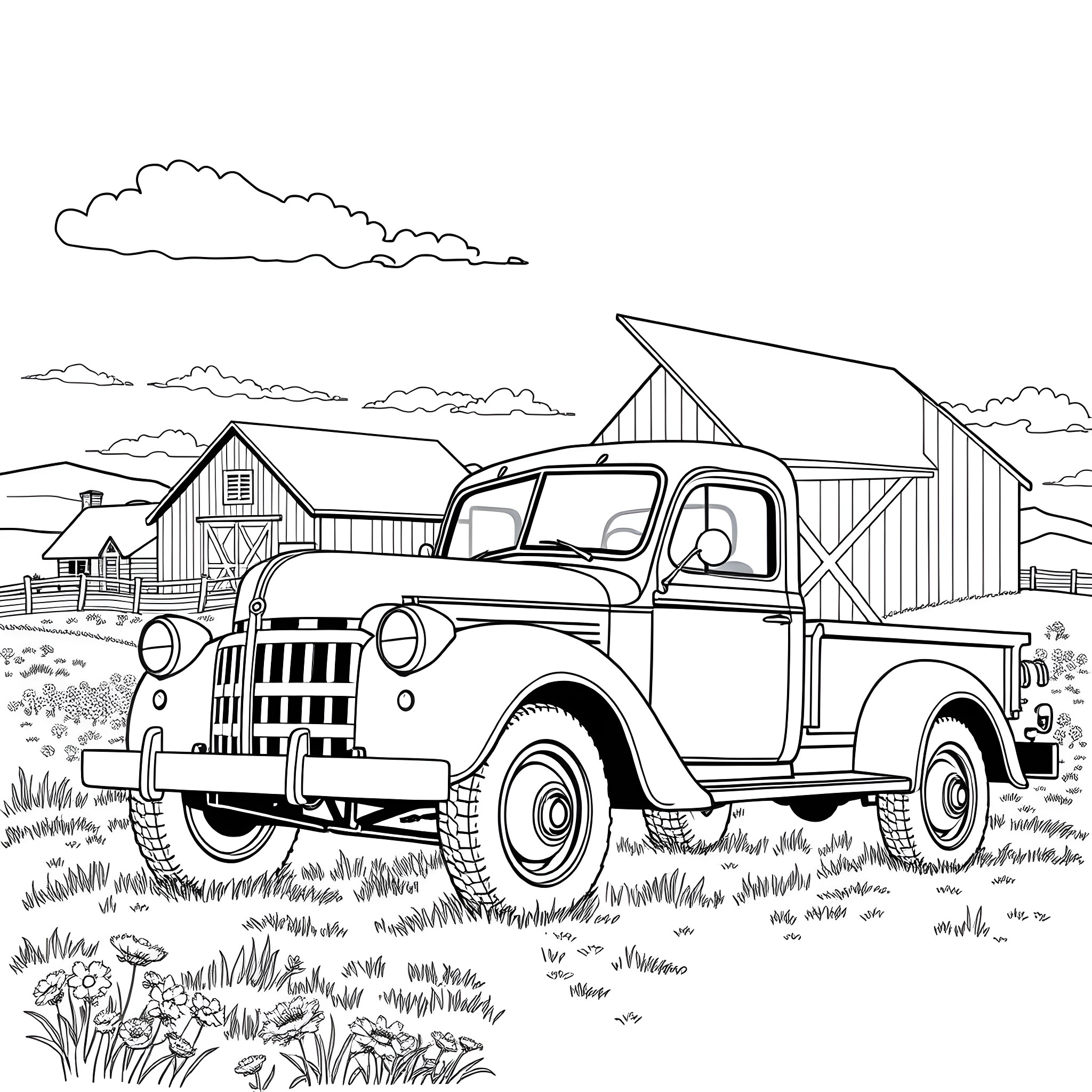 Truck parked in a rural landscape with barns Coloring Page (free black-and-white line drawing printable PDF for all, from beginners to advanced learners, including children, teens, adults, and seniors)