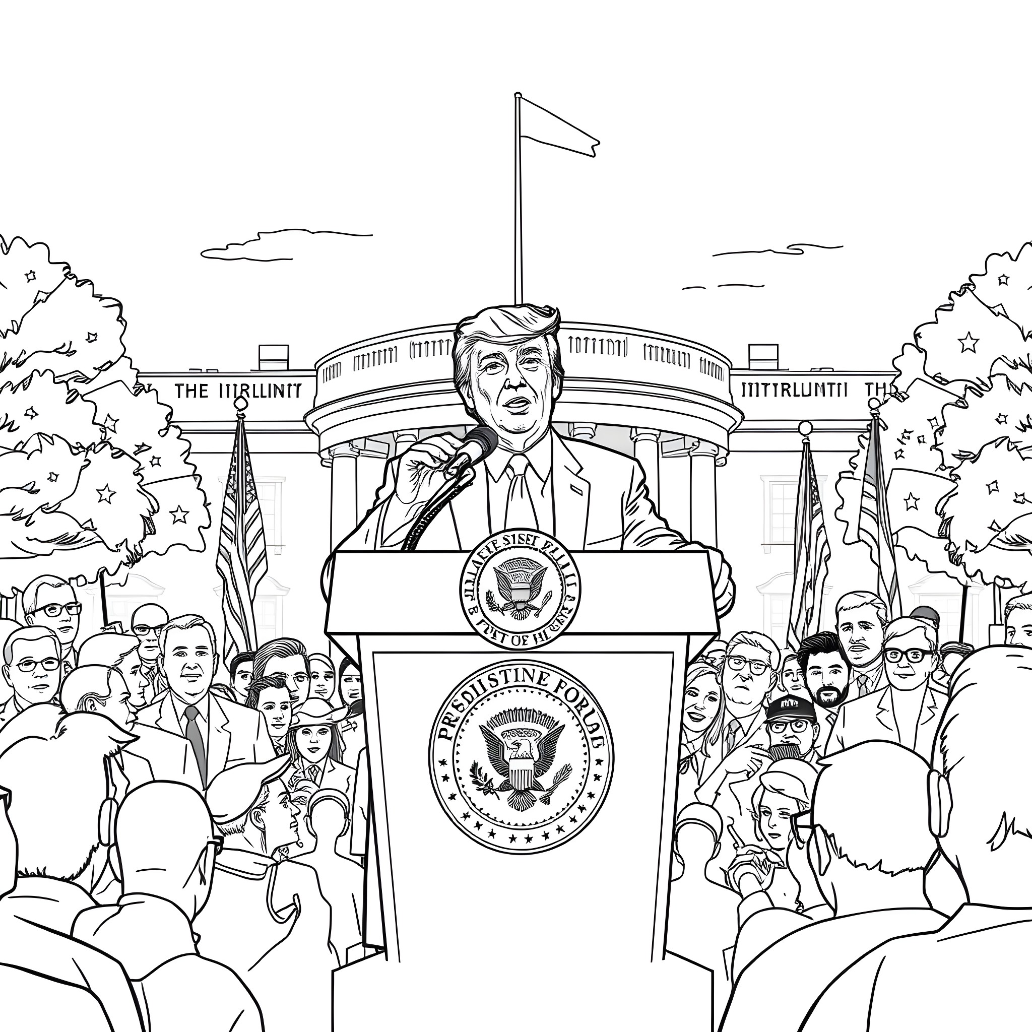 Donald Trump Addressing Supporters at the White House Coloring Page (free black-and-white line drawing printable PDF for all, from beginners to advanced learners, including children, teens, adults, and seniors)