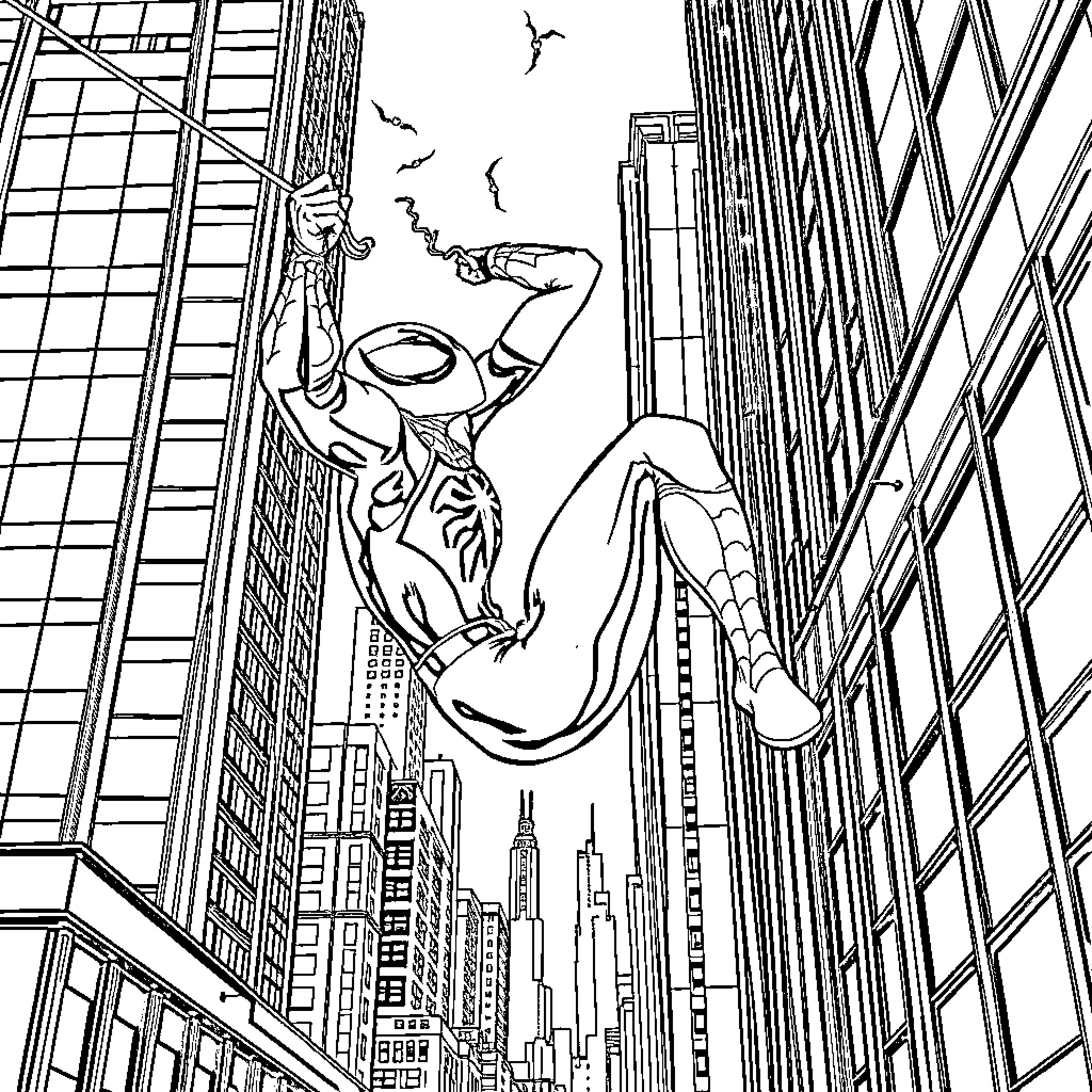 Spiderman swinging through the city Coloring Page (free black-and-white line drawing printable PDF for all, from beginners to advanced learners, including children, teens, adults, and seniors)