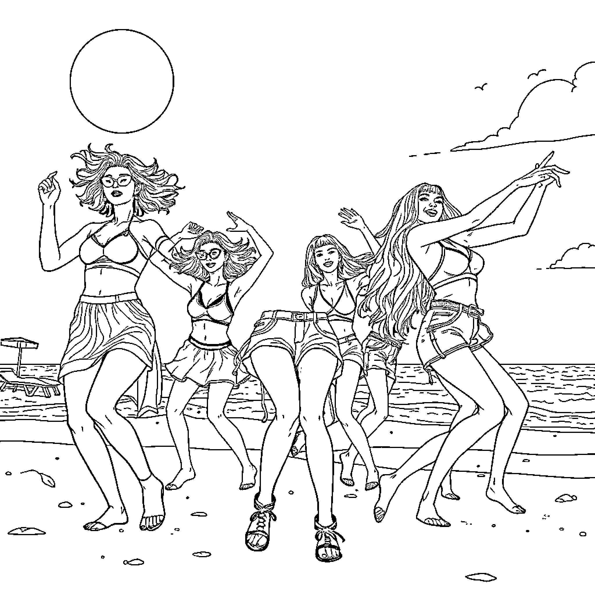 K Pop Warrior Dancers Celebrating on the Beach Coloring Page (free black-and-white line drawing printable PDF for all, from beginners to advanced learners, including children, teens, adults, and seniors)