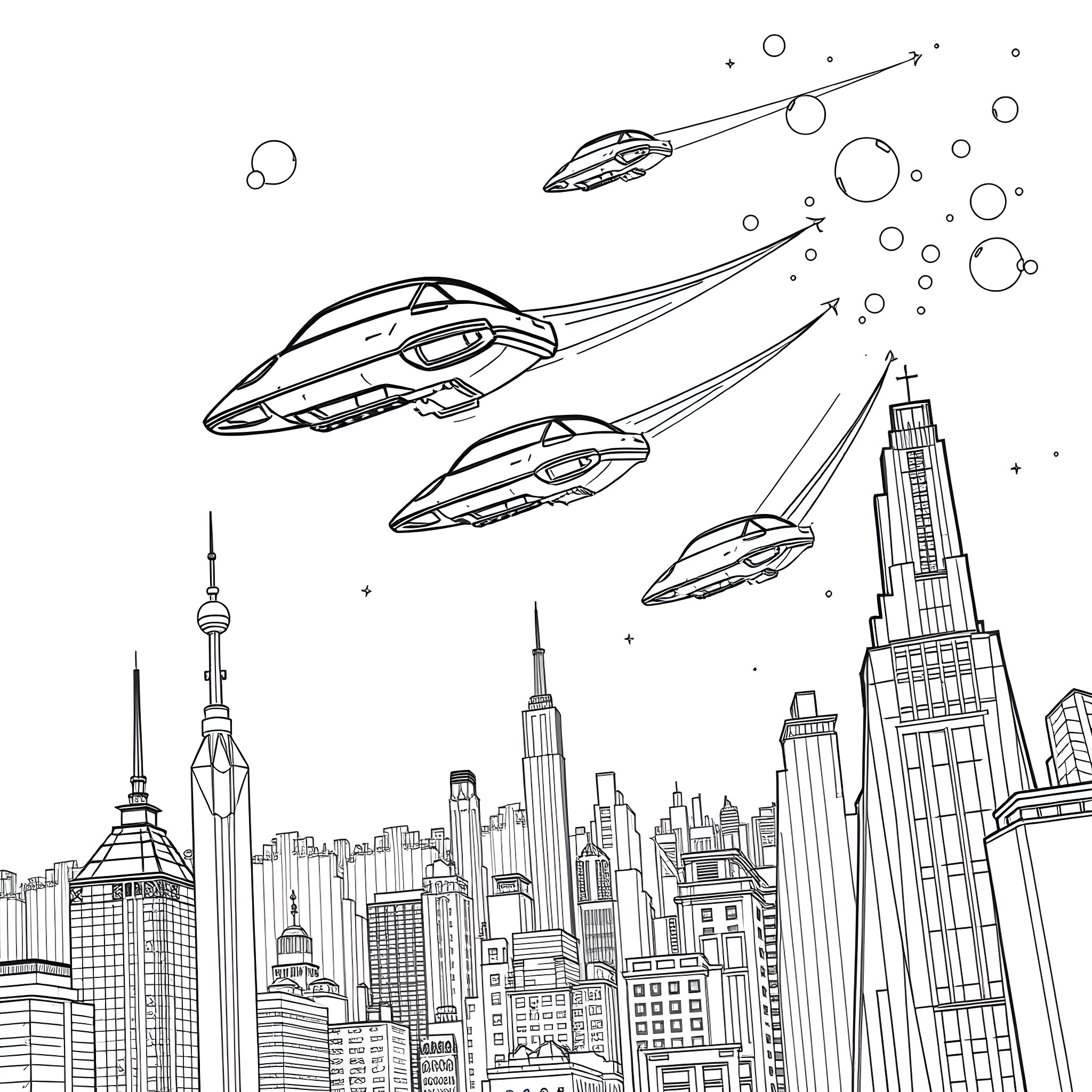 Flying Cars Soaring Over the City Skyline Coloring Page (free black-and-white line drawing printable PDF for all, from beginners to advanced learners, including children, teens, adults, and seniors)
