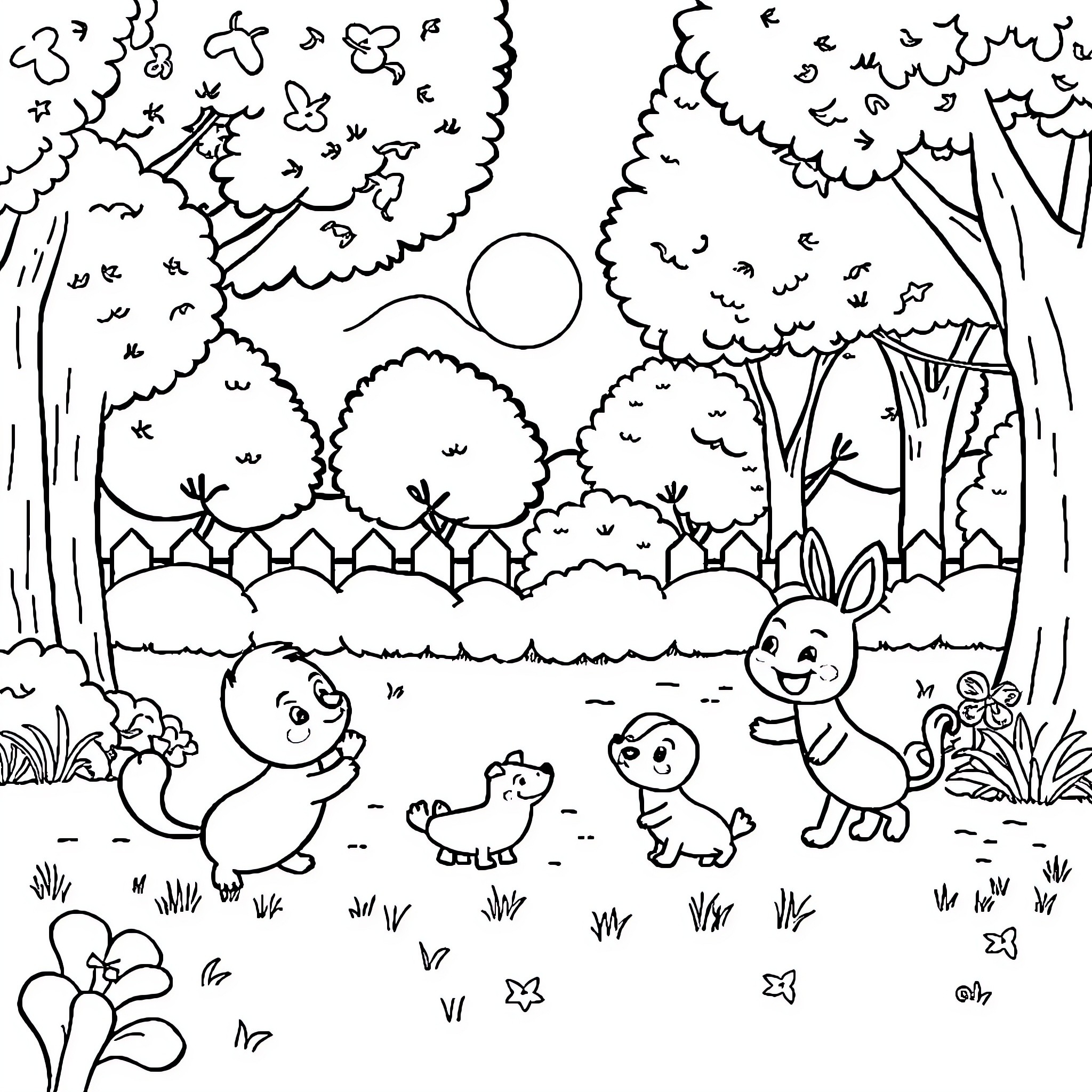 Kicia Kocia and friends explore the whimsical forest Coloring Page (free black-and-white line drawing printable PDF for all, from beginners to advanced learners, including children, teens, adults, and seniors)
