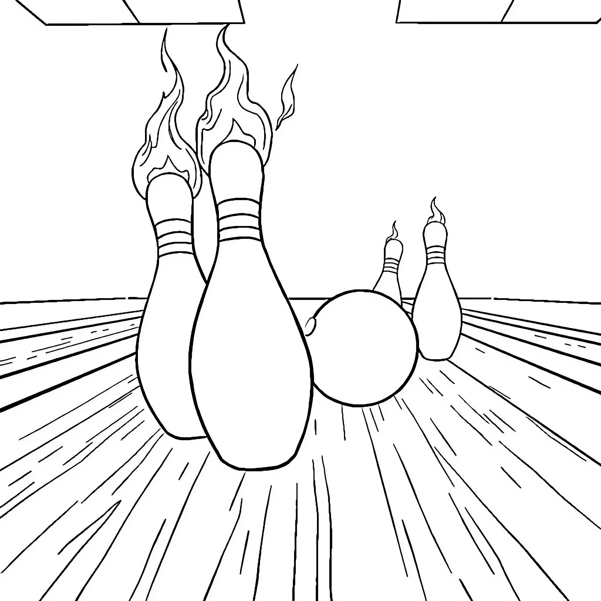 Bowling Pins Tumbling Down the Alley Coloring Page (free black-and-white line drawing printable PDF for all, from beginners to advanced learners, including children, teens, adults, and seniors)