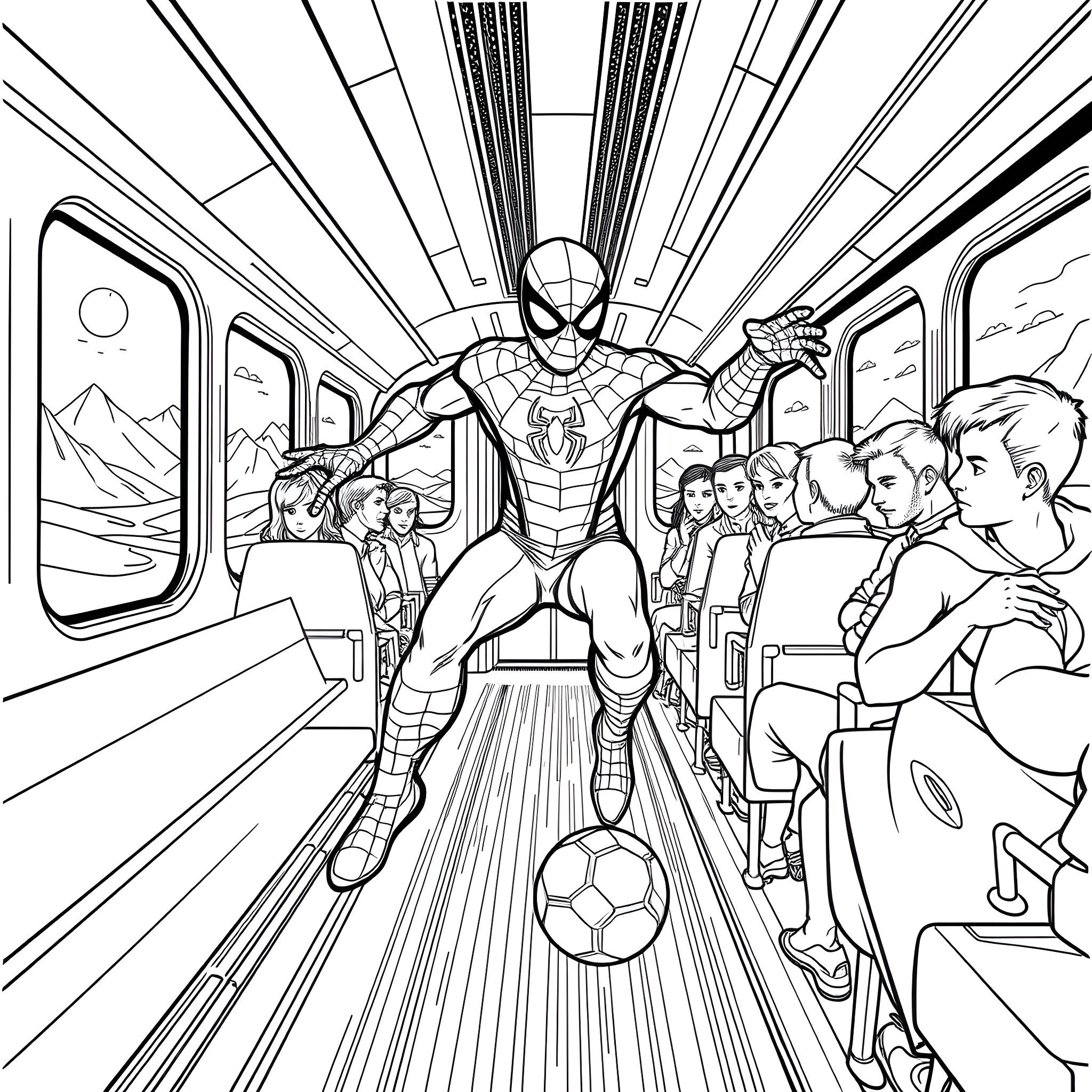 Spiderman saving passengers on a speeding train Coloring Page (free black-and-white line drawing printable PDF for all, from beginners to advanced learners, including children, teens, adults, and seniors)