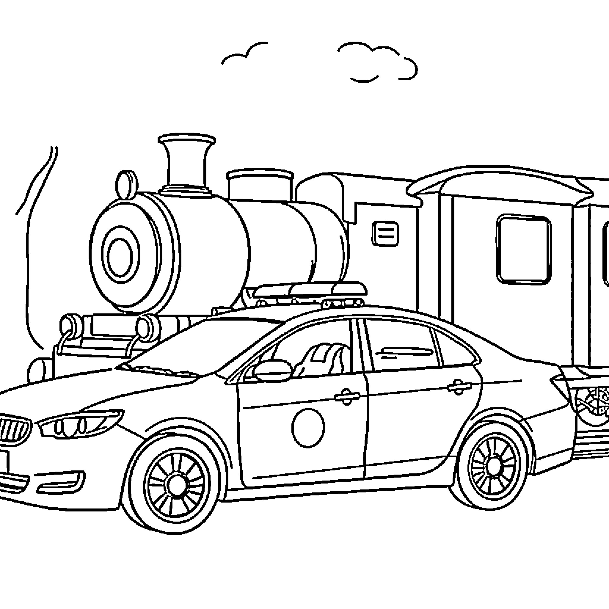 Police Car Pursuing Locomotive on City Street Coloring Page (free black-and-white line drawing printable PDF for all, from beginners to advanced learners, including children, teens, adults, and seniors)