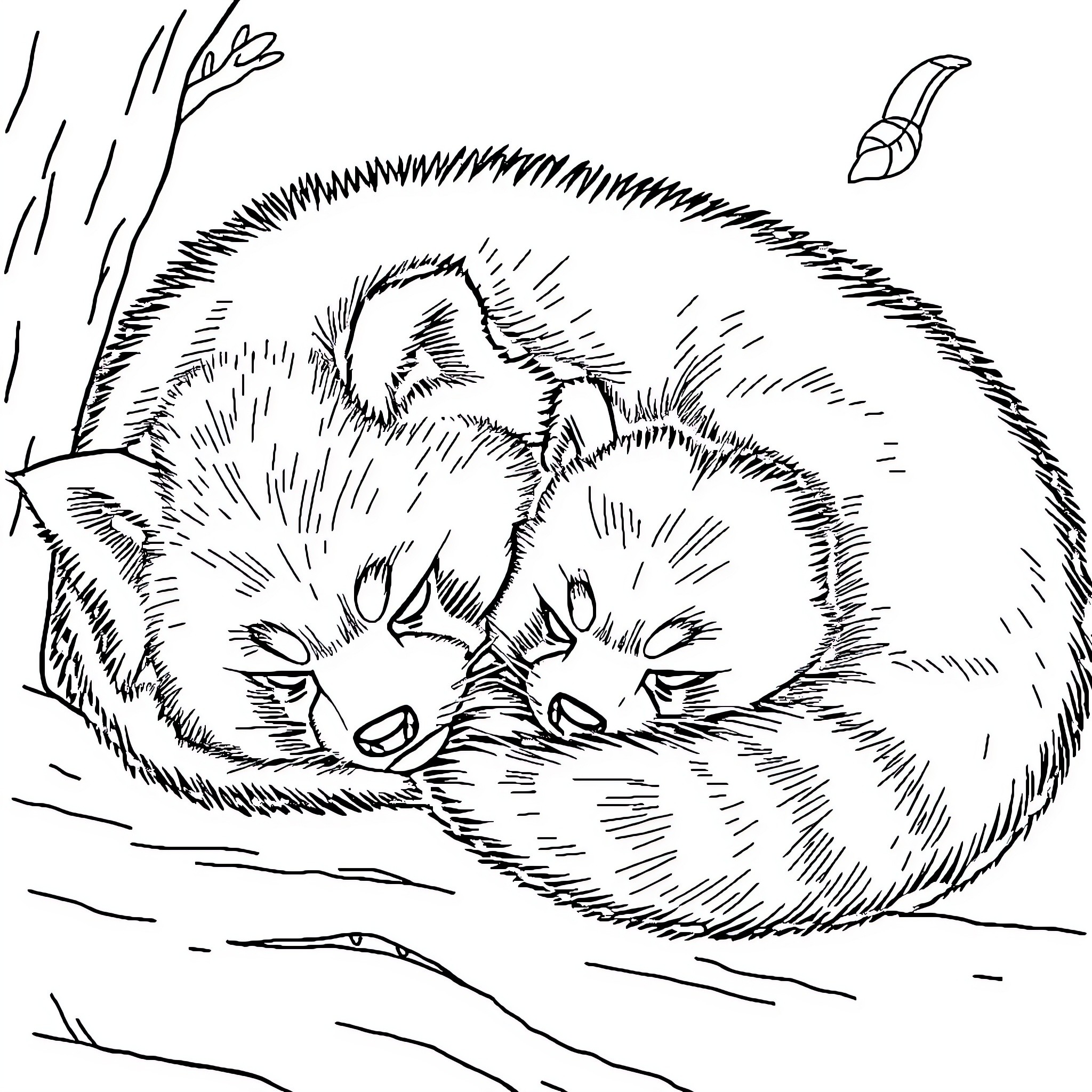 Panda cubs cuddling in a nest Coloring Page (free black-and-white line drawing printable PDF for all, from beginners to advanced learners, including children, teens, adults, and seniors)