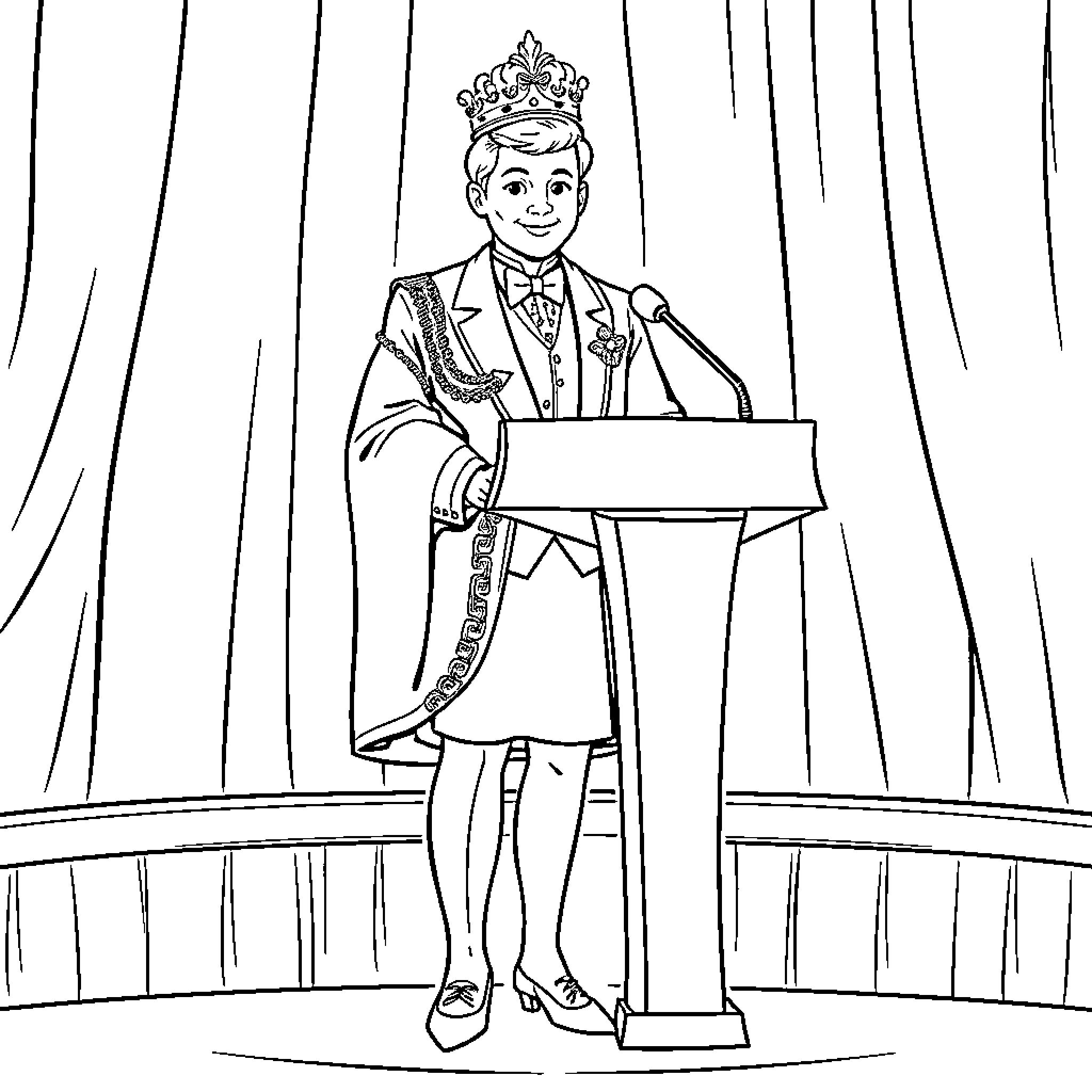 Ambassador addressing the audience with formal attire Coloring Page (free black-and-white line drawing printable PDF for all, from beginners to advanced learners, including children, teens, adults, and seniors)