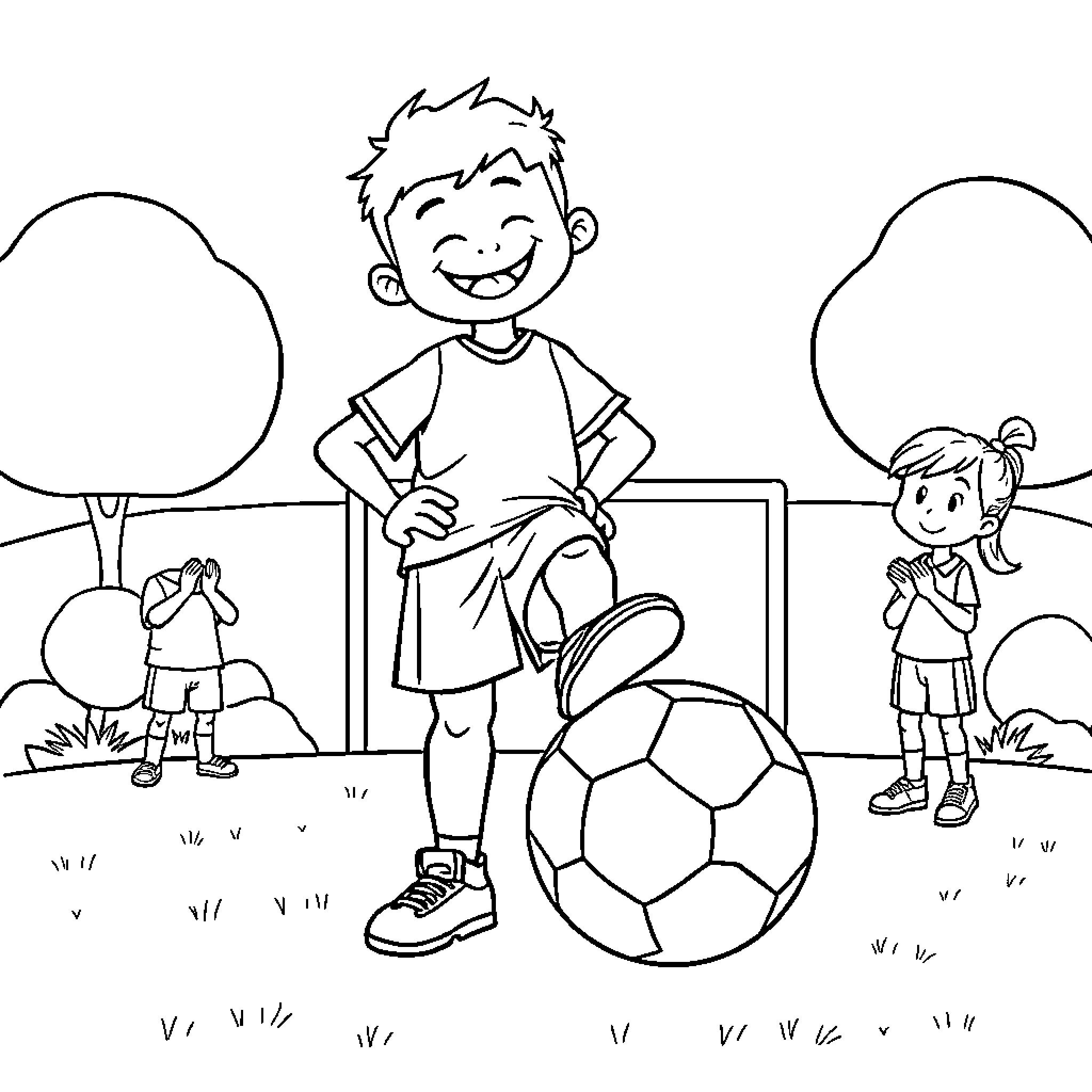Kid playing soccer with friends in the park Coloring Page (free black-and-white line drawing printable PDF for all, from beginners to advanced learners, including children, teens, adults, and seniors)