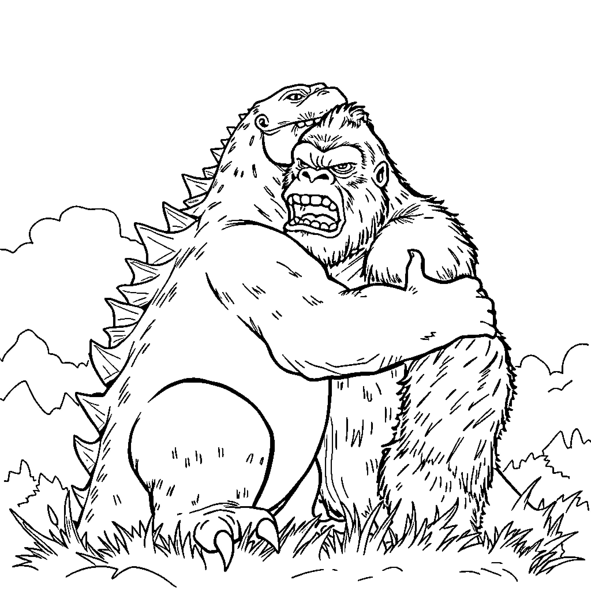 Godzilla-like creature roaring in the wilderness Coloring Page (free black-and-white line drawing printable PDF for all, from beginners to advanced learners, including children, teens, adults, and seniors)