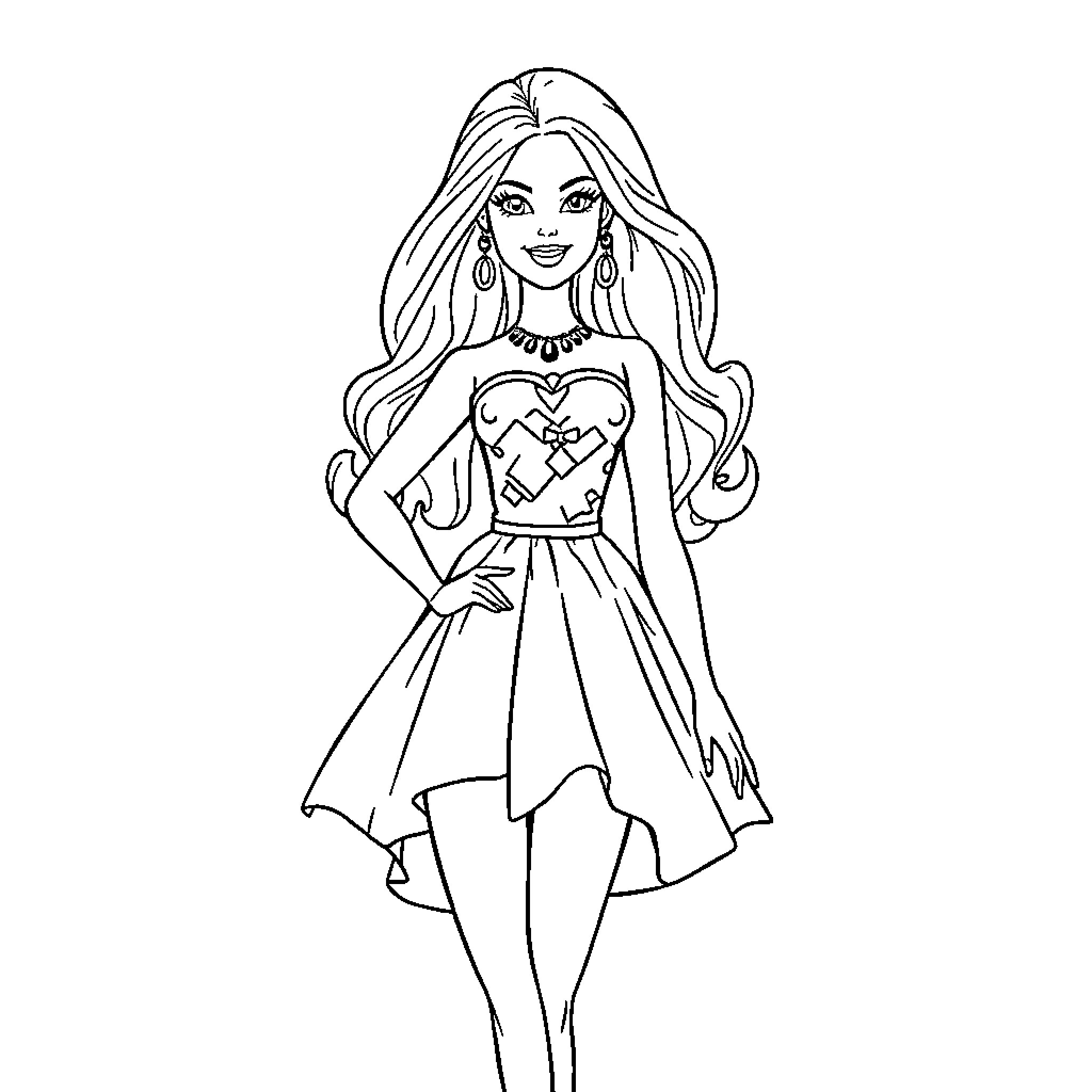 Barbie in a Stylish Dress and Pose Coloring Page (free black-and-white line drawing printable PDF for all, from beginners to advanced learners, including children, teens, adults, and seniors)