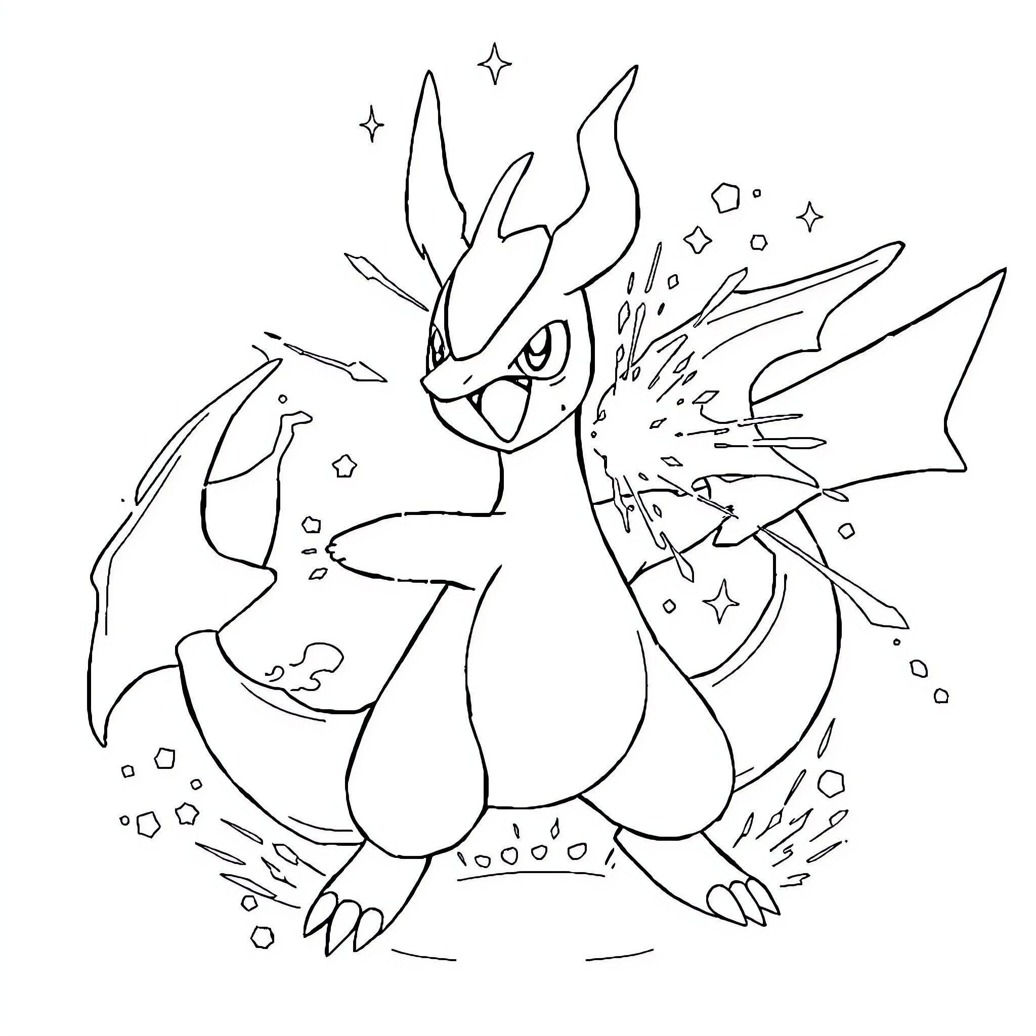 Pokémon character in energetic pose with sparks Coloring Page (free black-and-white line drawing printable PDF for all, from beginners to advanced learners, including children, teens, adults, and seniors)