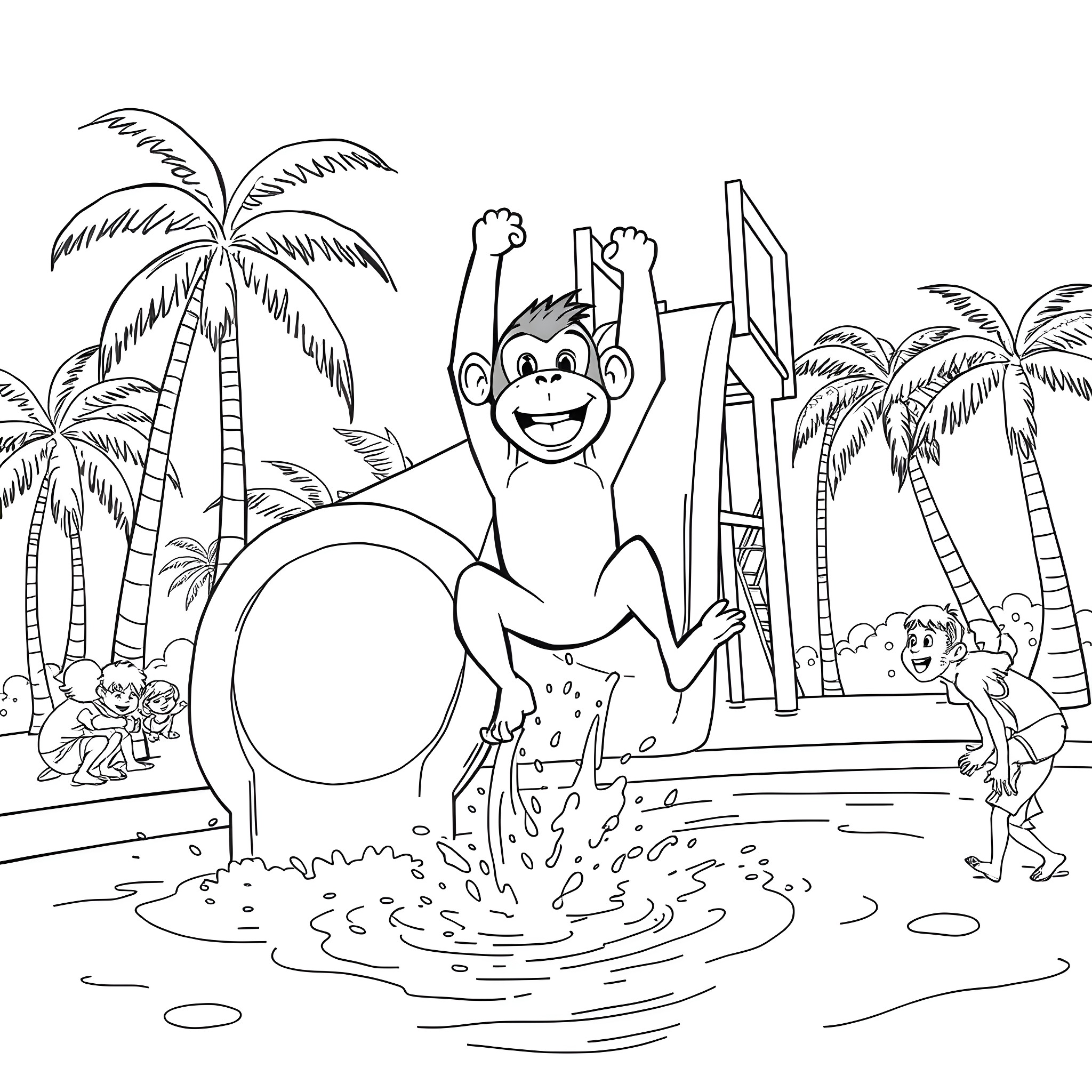 Monkey playing joyfully on the beach Coloring Page (free black-and-white line drawing printable PDF for all, from beginners to advanced learners, including children, teens, adults, and seniors)