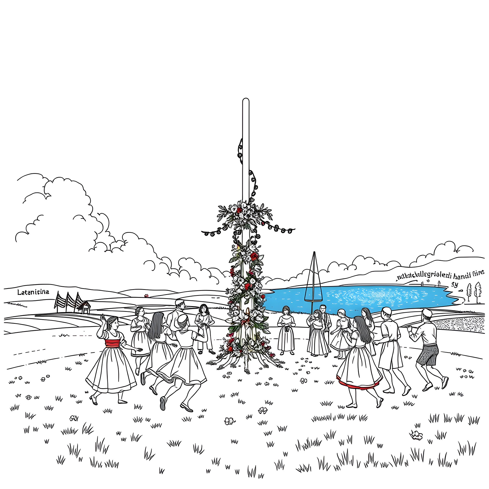 Midsummer celebration with dancing and festive attire Coloring Page (free black-and-white line drawing printable PDF for all, from beginners to advanced learners, including children, teens, adults, and seniors)