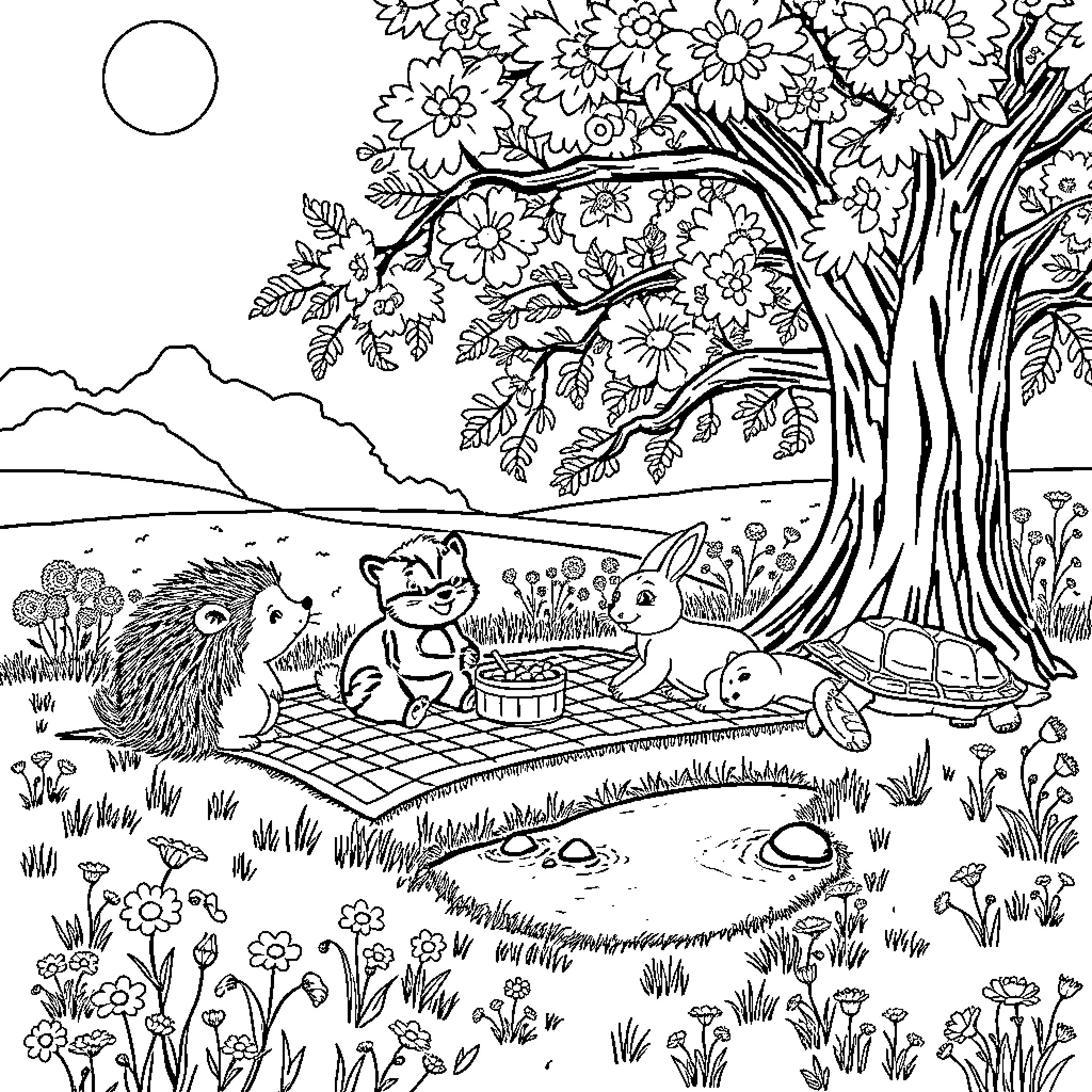 Hedgehog enjoying a picnic with animal friends in the park Coloring Page (free black-and-white line drawing printable PDF for all, from beginners to advanced learners, including children, teens, adults, and seniors)