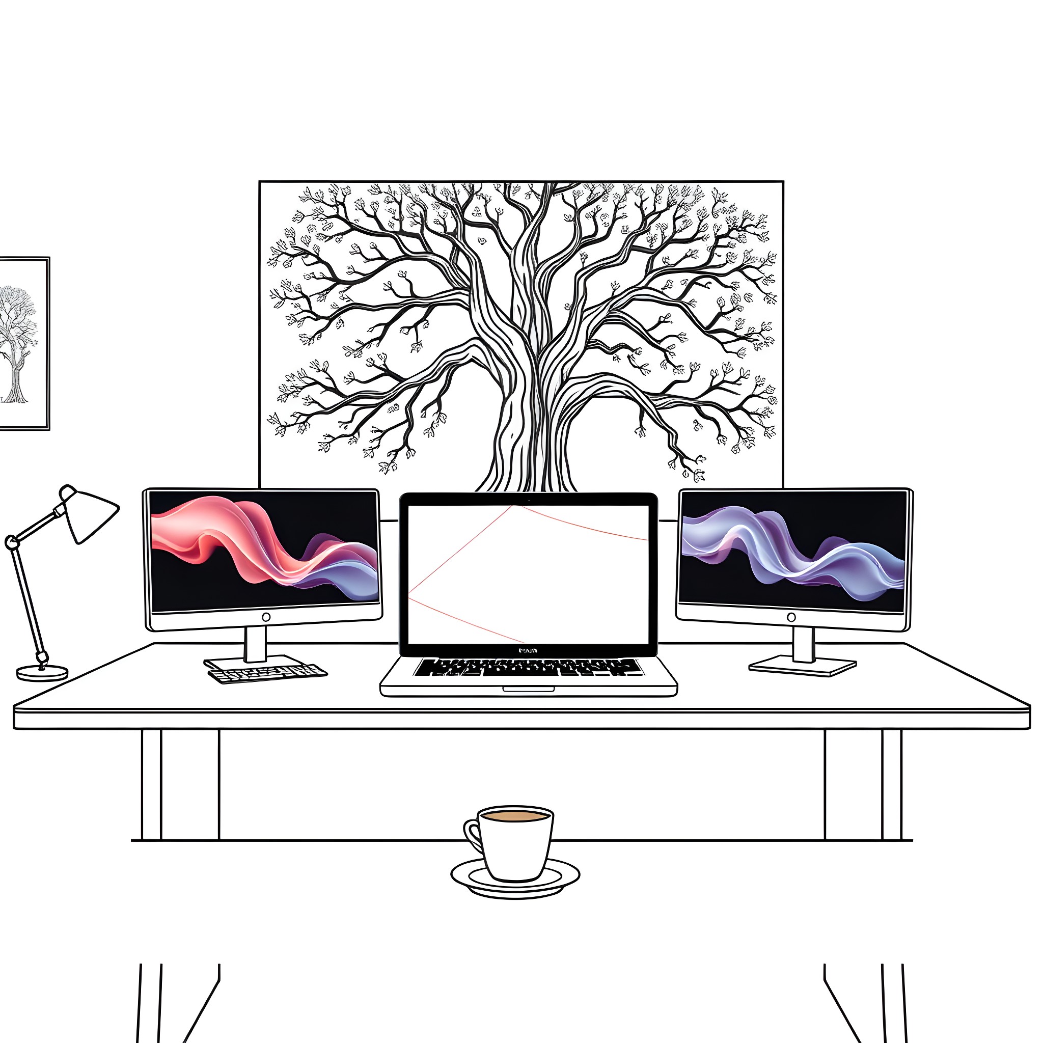 Laptop screens and tree artwork in office setting Coloring Page (free black-and-white line drawing printable PDF for all, from beginners to advanced learners, including children, teens, adults, and seniors)