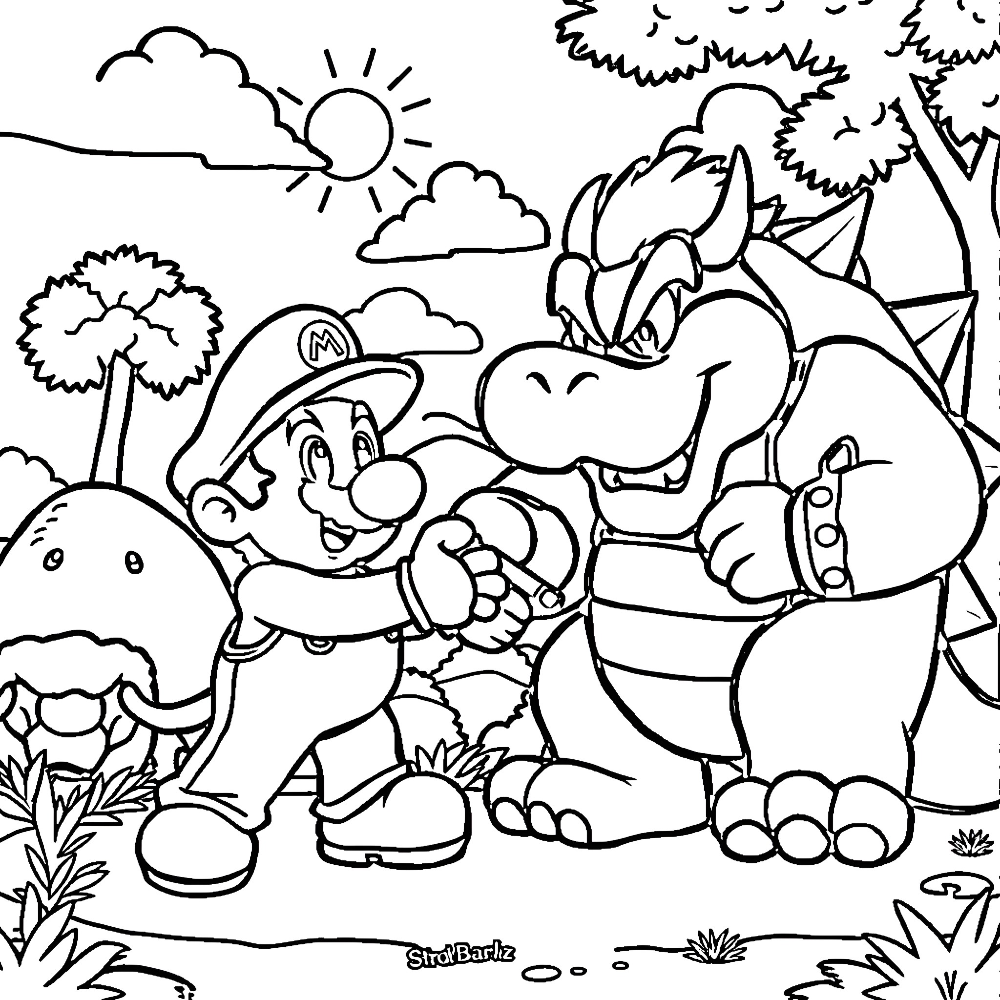 Mario and Bowser Exploring Outdoor Adventure Coloring Page (free black-and-white line drawing printable PDF for all, from beginners to advanced learners, including children, teens, adults, and seniors)