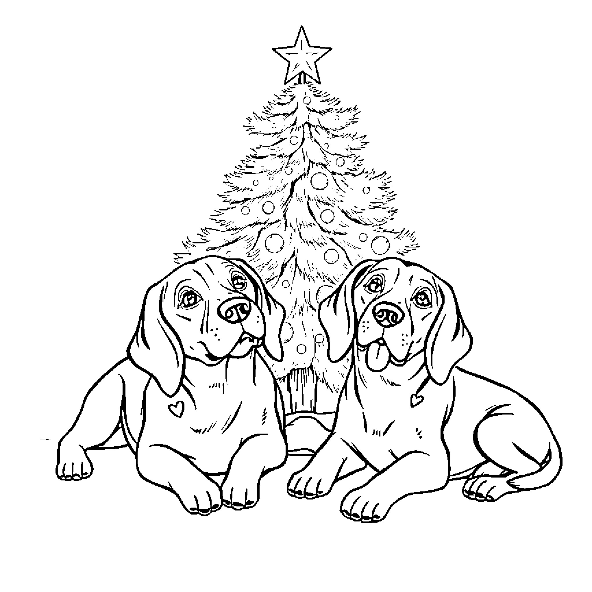Beagles enjoying Christmas tree together Coloring Page (free black-and-white line drawing printable PDF for all, from beginners to advanced learners, including children, teens, adults, and seniors)