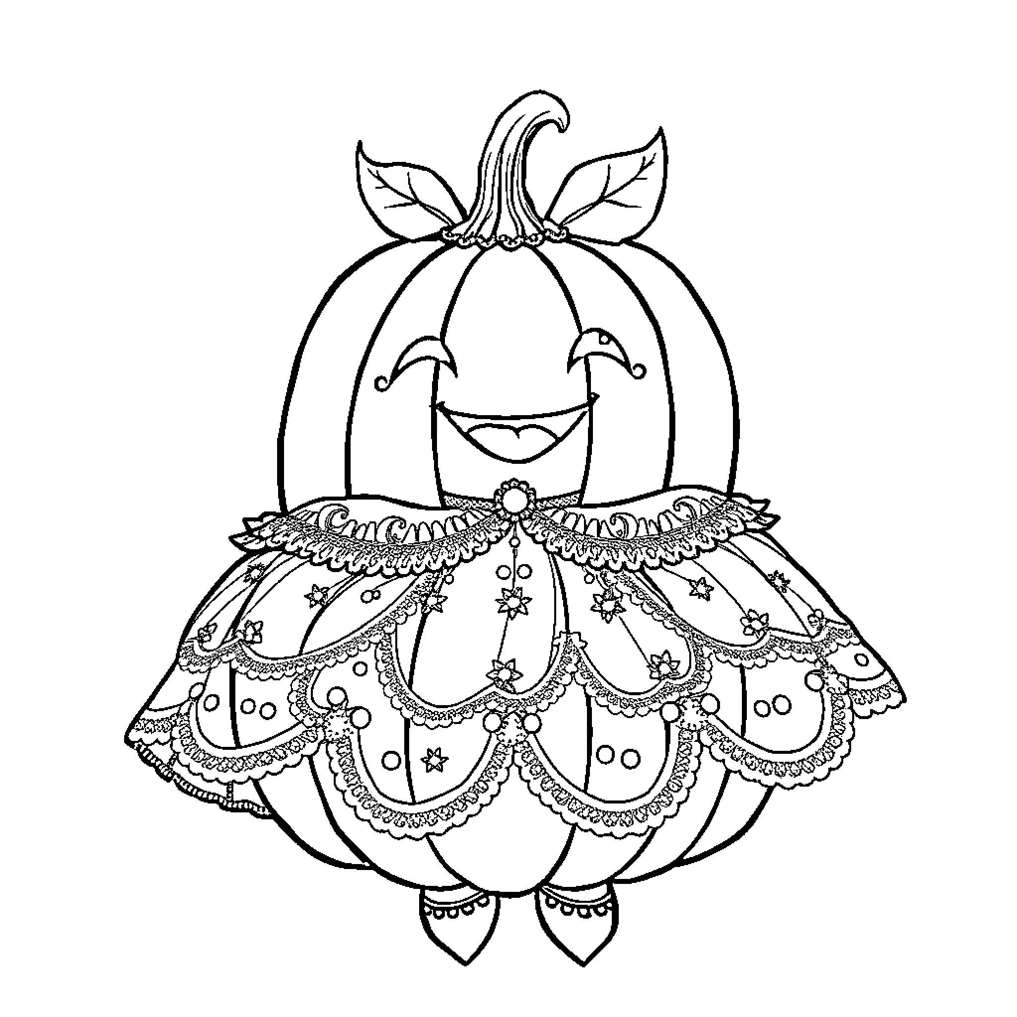 Pumpkin girl with whimsical floral dress Coloring Page (free black-and-white line drawing printable PDF for all, from beginners to advanced learners, including children, teens, adults, and seniors)
