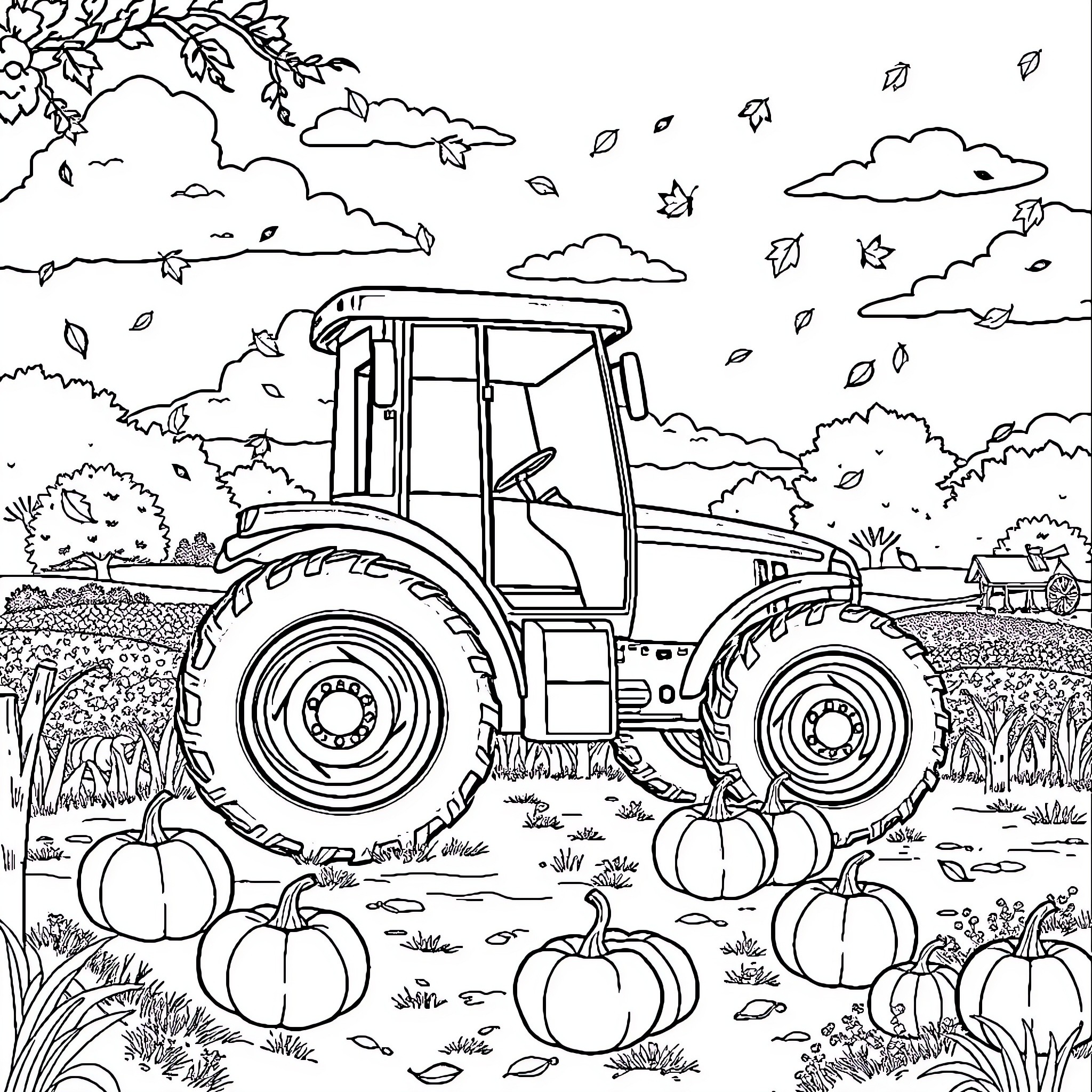 Tractor harvesting crops in an autumn landscape Coloring Page (free black-and-white line drawing printable PDF for all, from beginners to advanced learners, including children, teens, adults, and seniors)