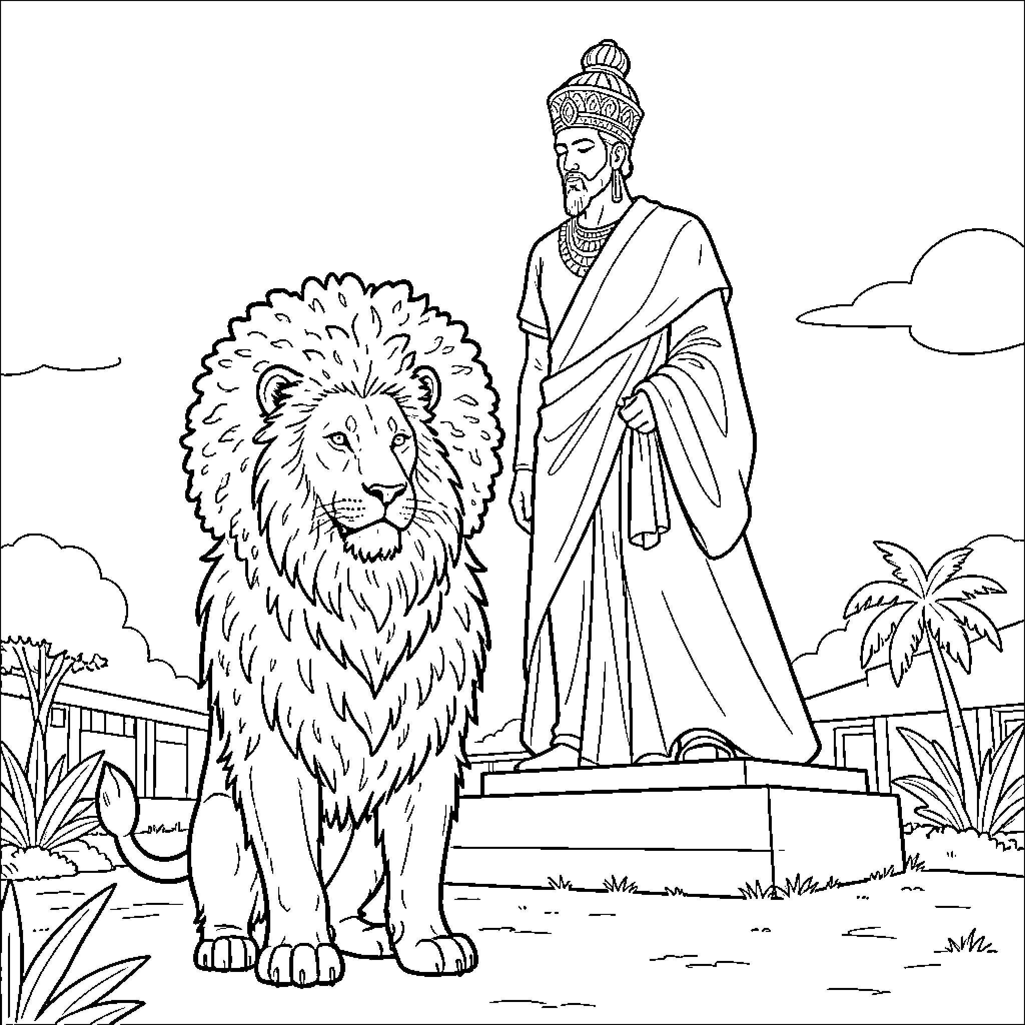 Leon standing beside a majestic lion statue Coloring Page (free black-and-white line drawing printable PDF for all, from beginners to advanced learners, including children, teens, adults, and seniors)
