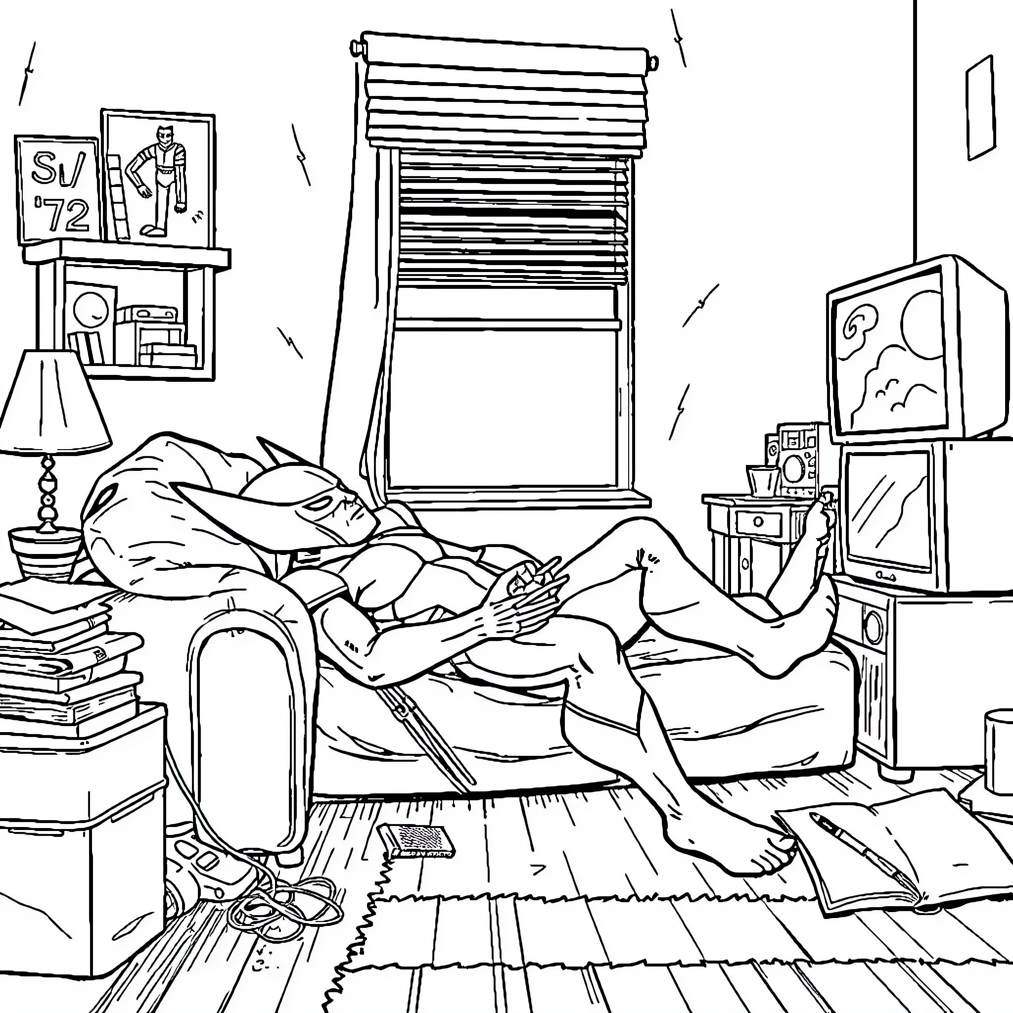 Wolverine relaxing in a messy room Coloring Page (free black-and-white line drawing printable PDF for all, from beginners to advanced learners, including children, teens, adults, and seniors)