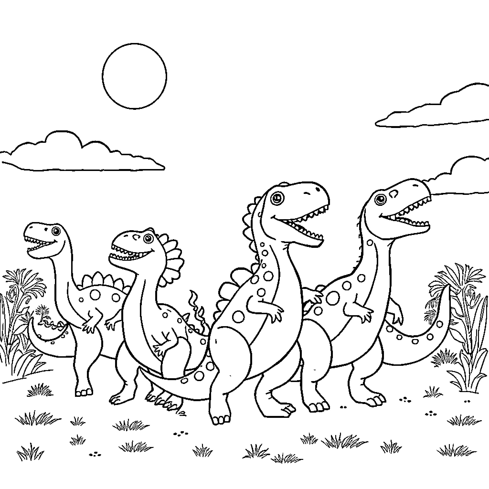 Dinosaur family exploring the landscape Coloring Page (free black-and-white line drawing printable PDF for all, from beginners to advanced learners, including children, teens, adults, and seniors)