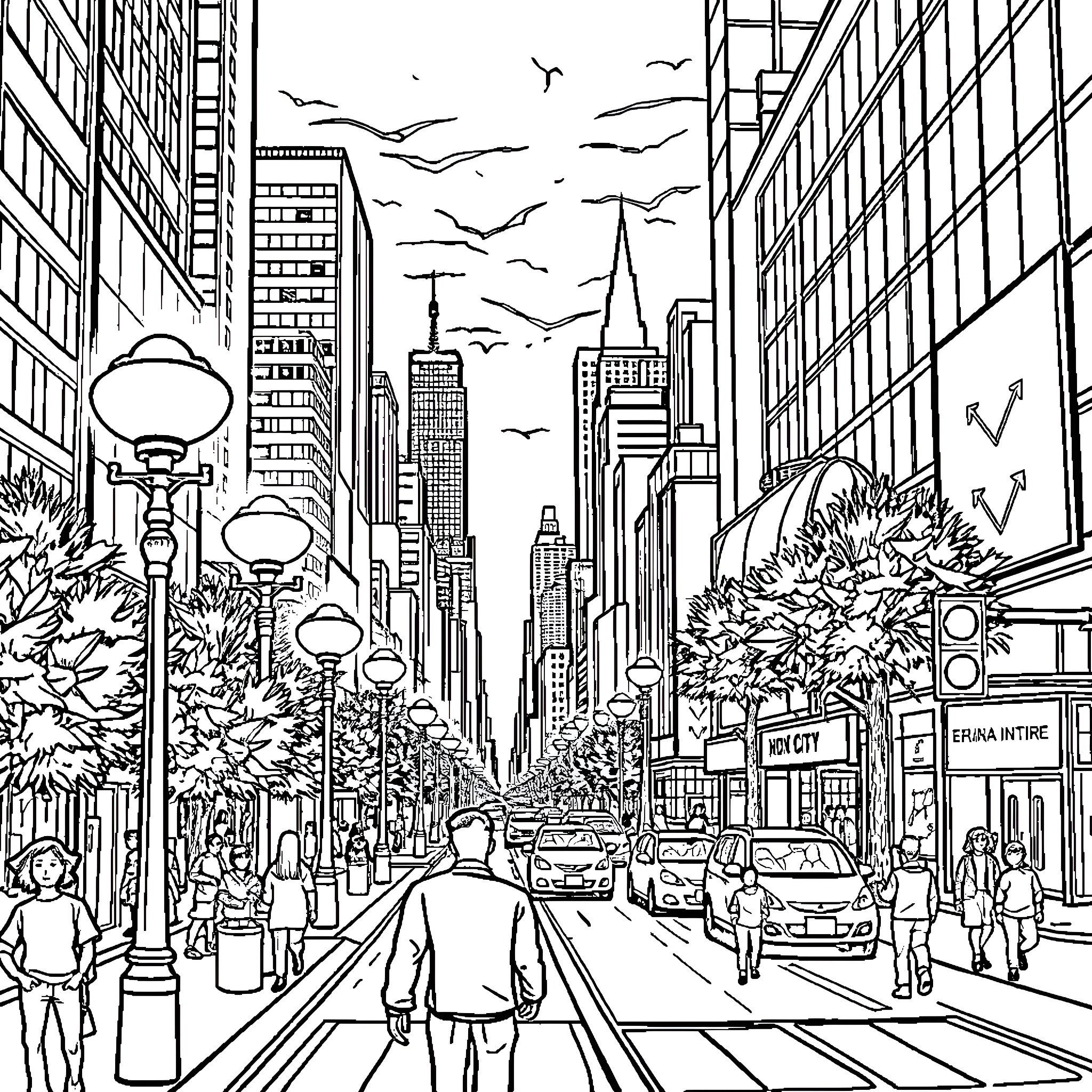 Lightning strikes over bustling city street scene Coloring Page (free black-and-white line drawing printable PDF for all, from beginners to advanced learners, including children, teens, adults, and seniors)