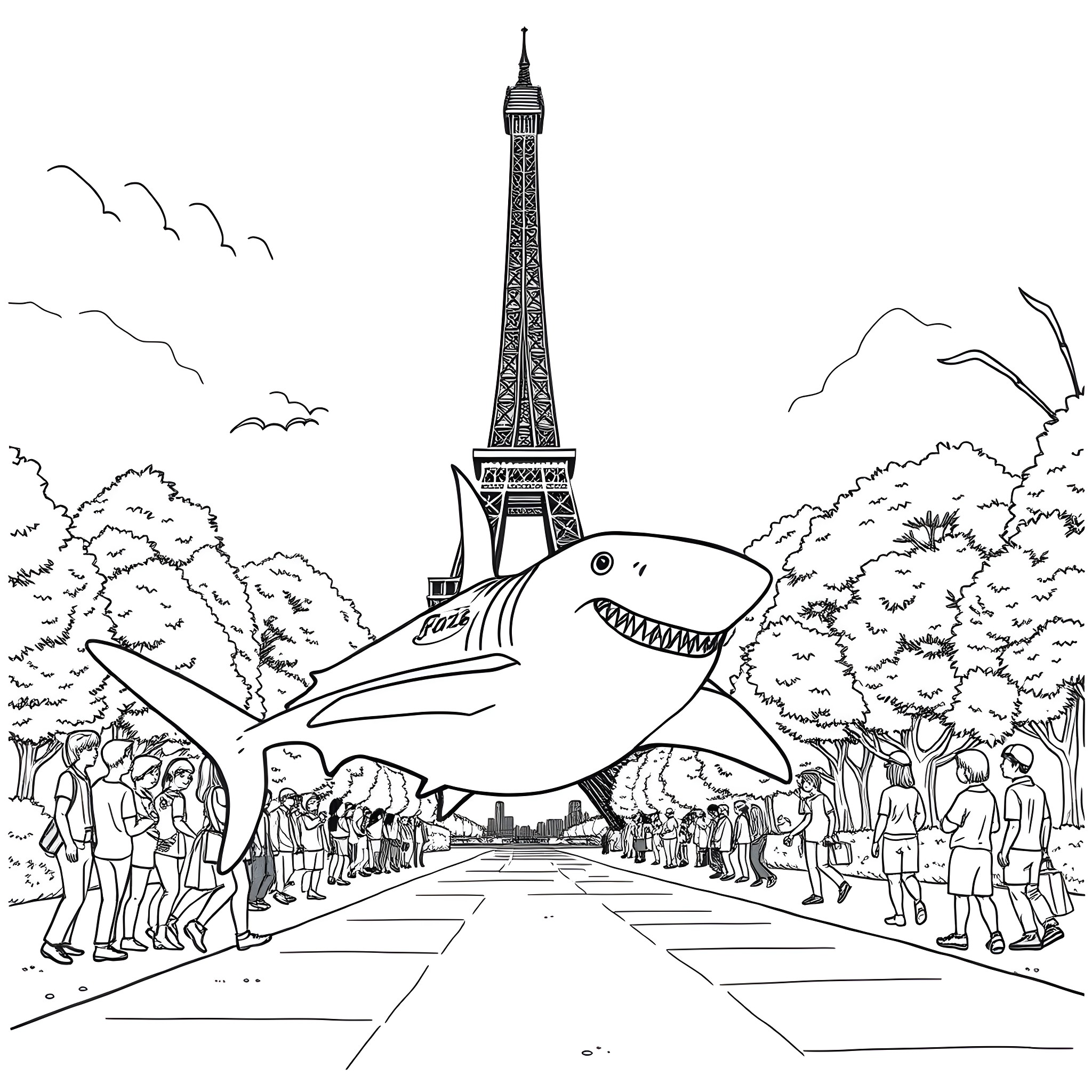 Shark swimming past Eiffel Tower with crowds Coloring Page (free black-and-white line drawing printable PDF for all, from beginners to advanced learners, including children, teens, adults, and seniors)