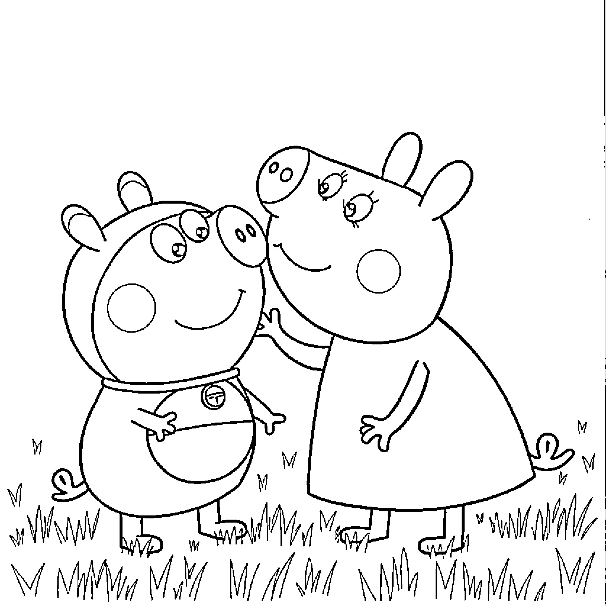 Peppa Pig and friends enjoying outdoor adventure Coloring Page (free black-and-white line drawing printable PDF for all, from beginners to advanced learners, including children, teens, adults, and seniors)