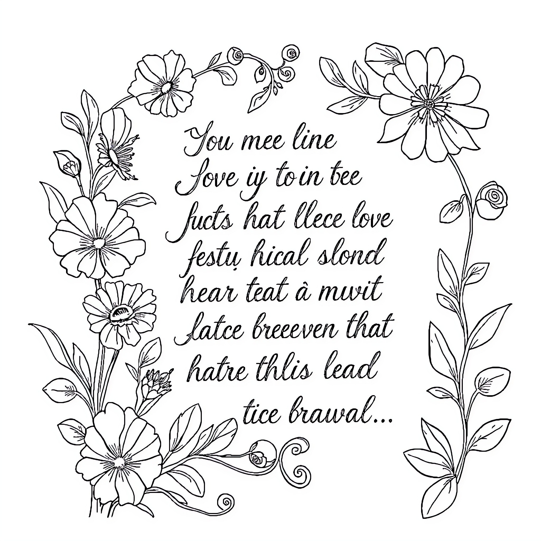 Bible Verse with Floral Illustrations Coloring Page (free black-and-white line drawing printable PDF for all, from beginners to advanced learners, including children, teens, adults, and seniors)