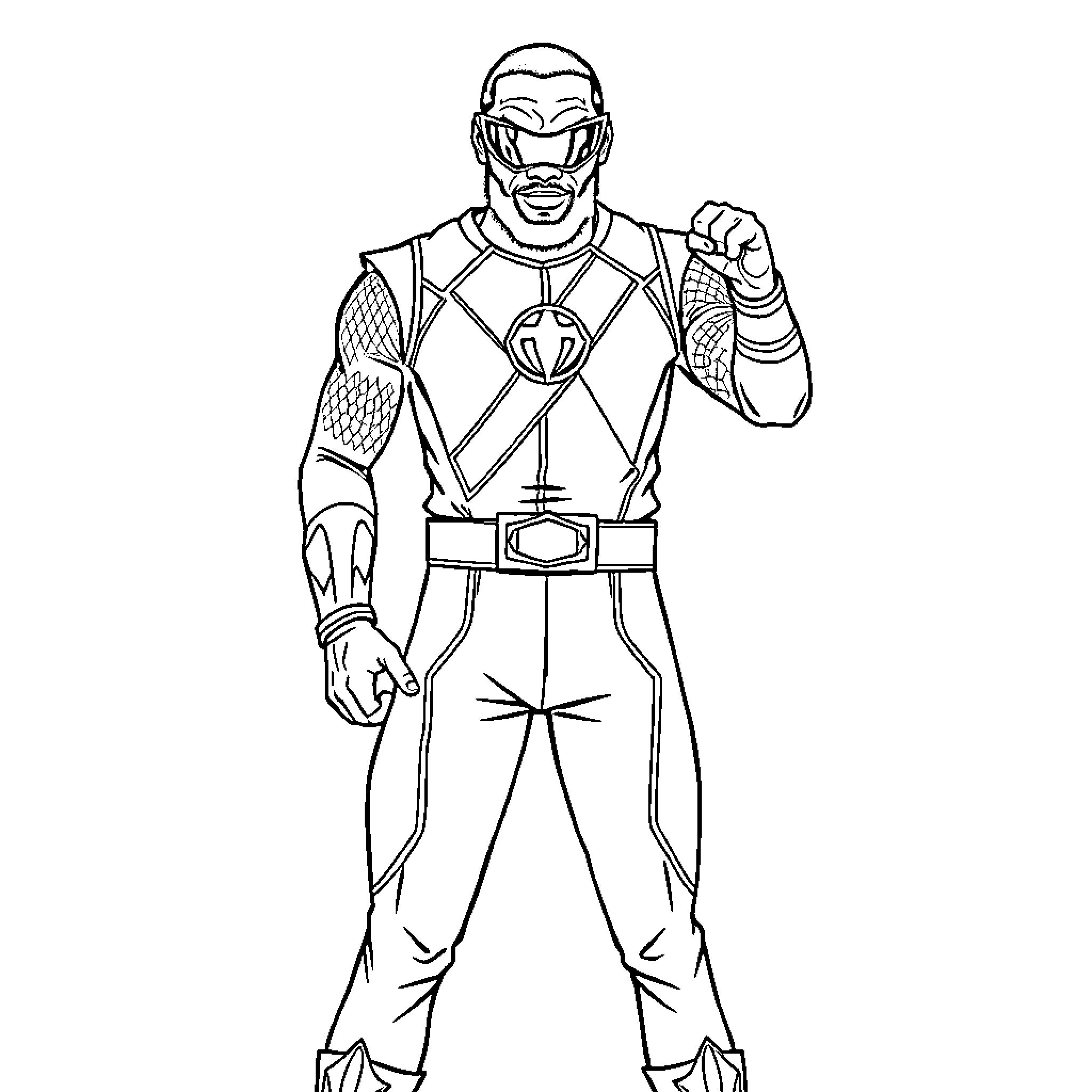 LeBron James as Power Ranger in combat pose Coloring Page (free black-and-white line drawing printable PDF for all, from beginners to advanced learners, including children, teens, adults, and seniors)