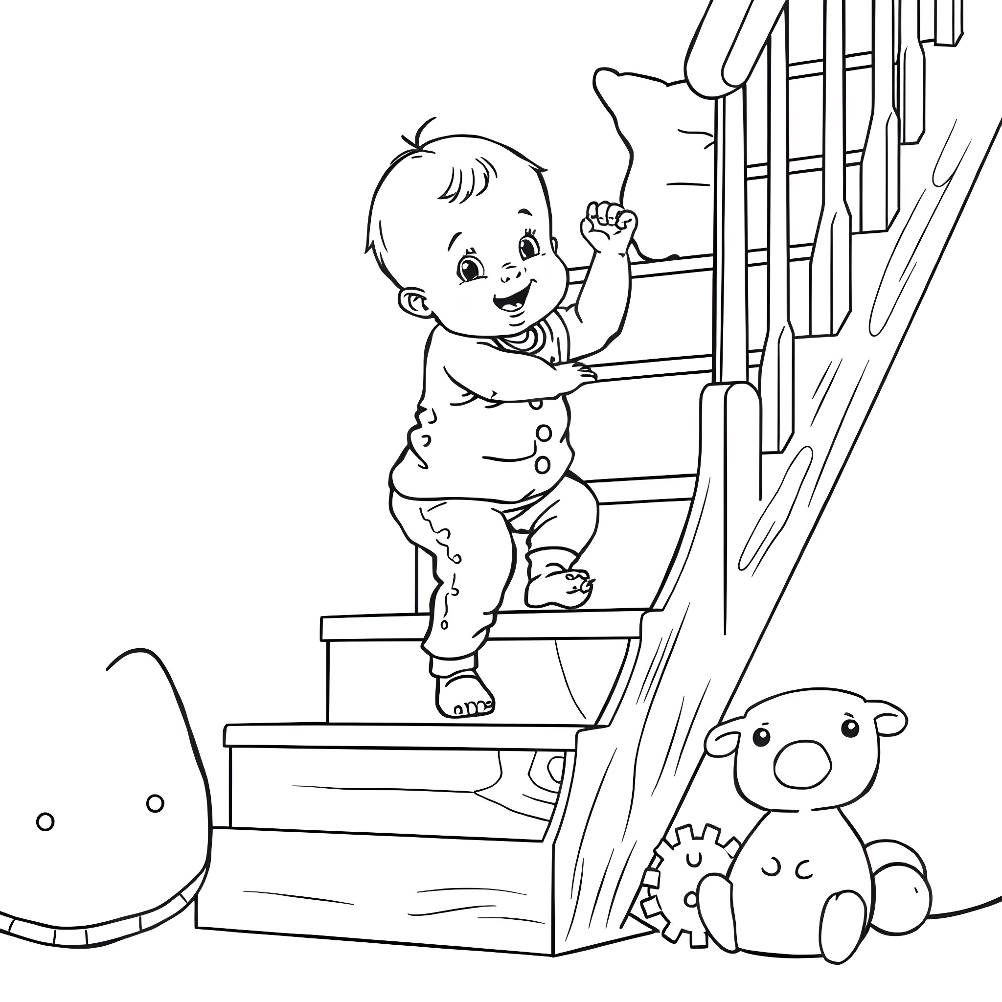 Baby climbing up the stairs with toys Coloring Page (free black-and-white line drawing printable PDF for all, from beginners to advanced learners, including children, teens, adults, and seniors)