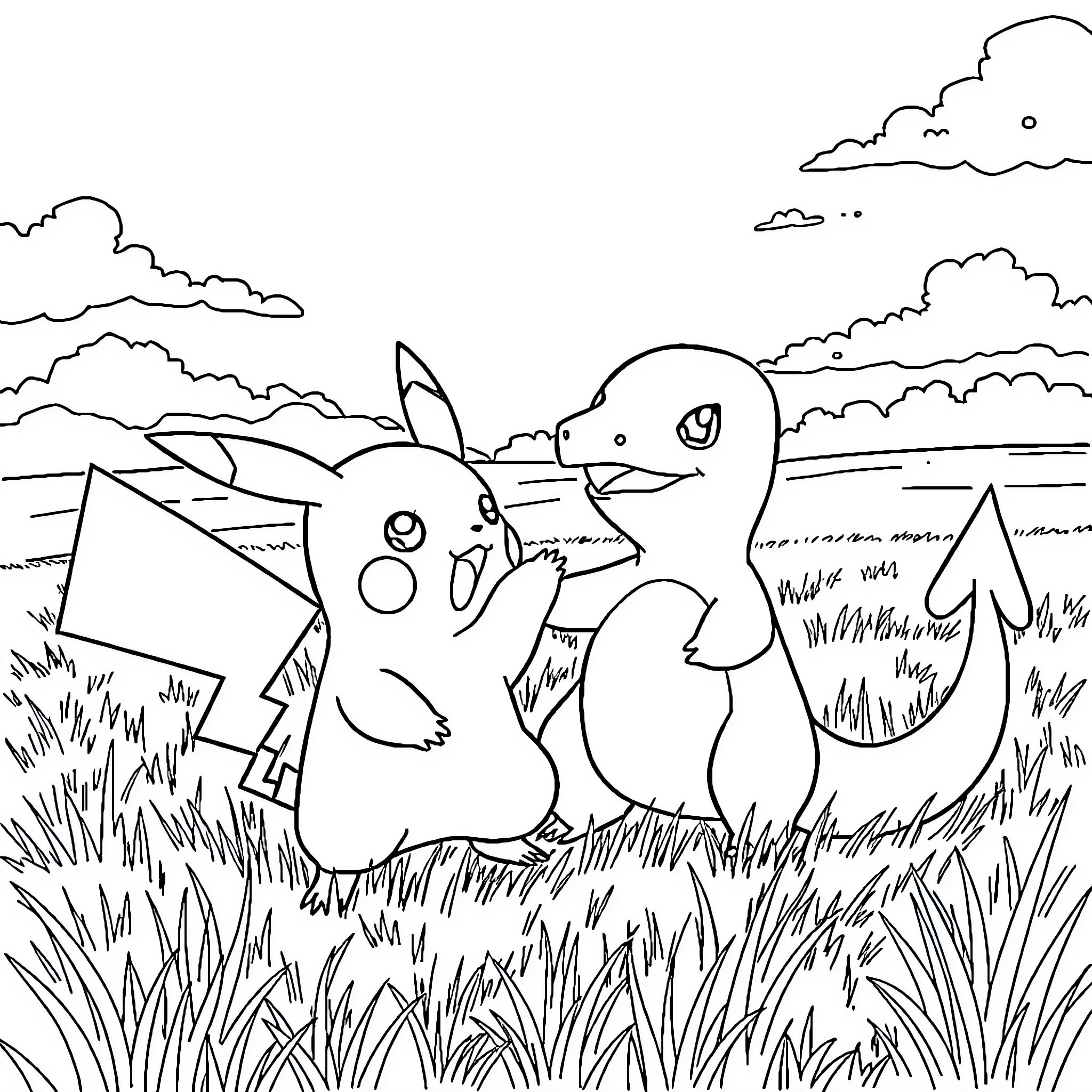 Pikachu and friends exploring the outdoors Coloring Page (free black-and-white line drawing printable PDF for all, from beginners to advanced learners, including children, teens, adults, and seniors)