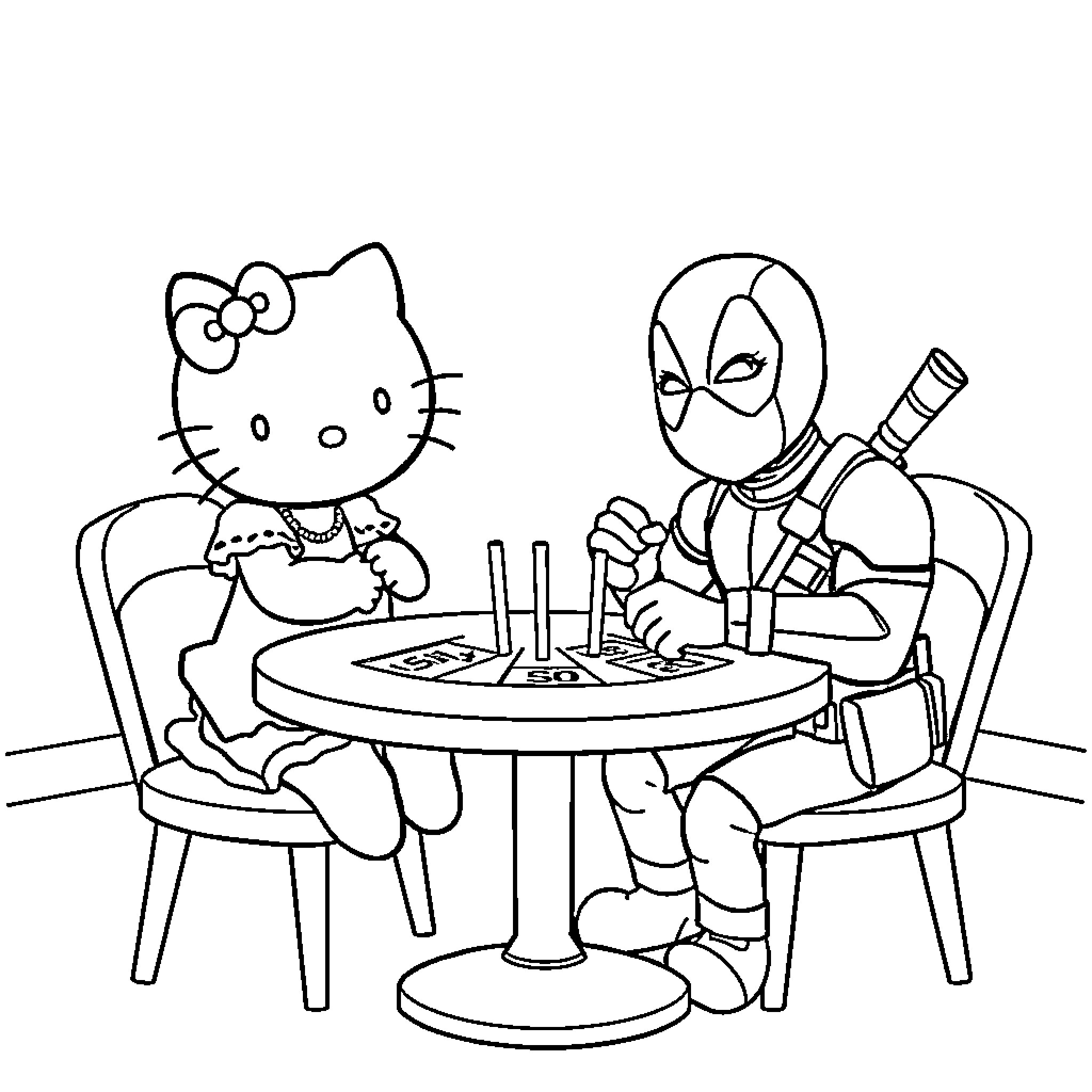 Hello Kitty and Deadpool enjoying a meal together Coloring Page (free black-and-white line drawing printable PDF for all, from beginners to advanced learners, including children, teens, adults, and seniors)