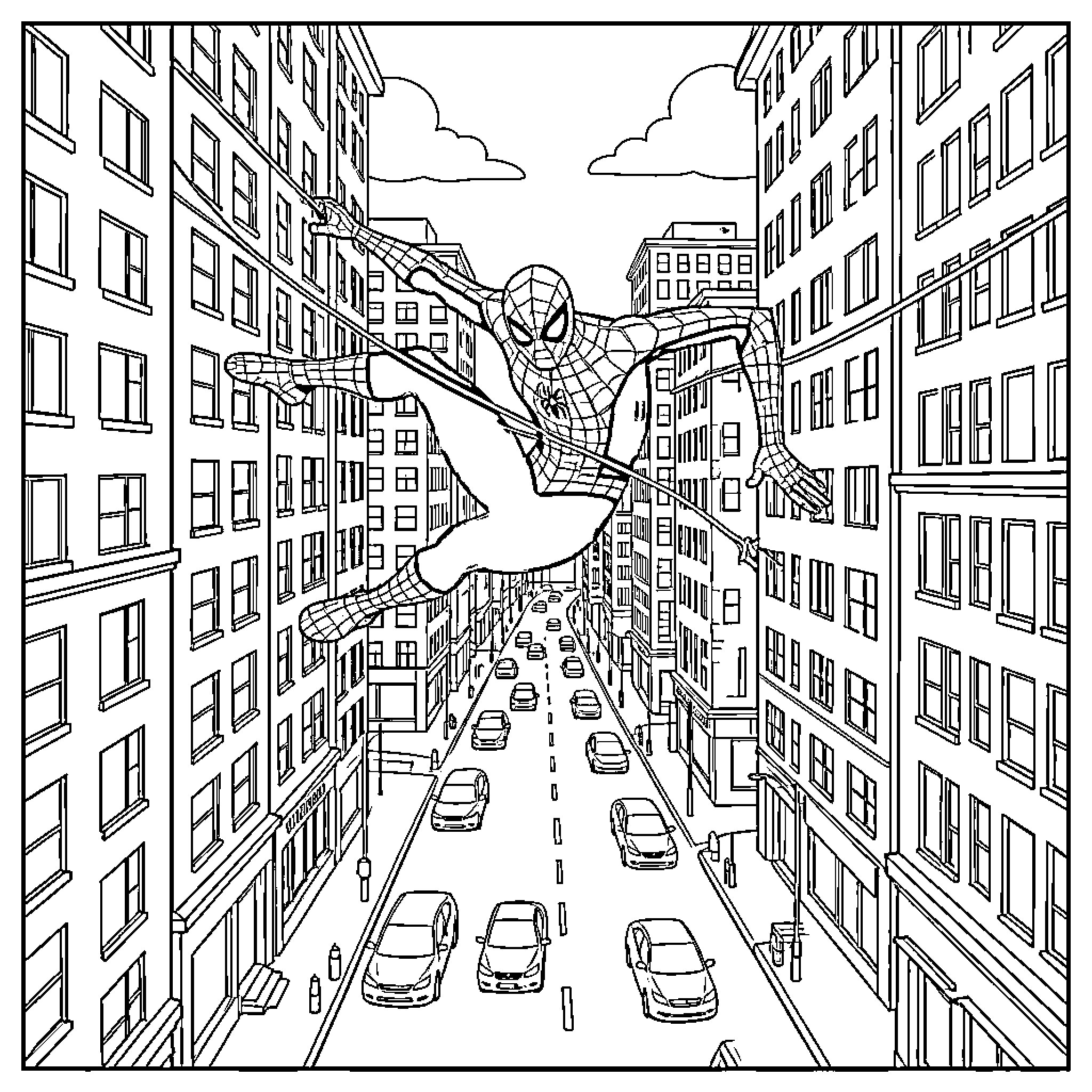 Spider-Man swinging through the city skyscrapers Coloring Page (free black-and-white line drawing printable PDF for all, from beginners to advanced learners, including children, teens, adults, and seniors)