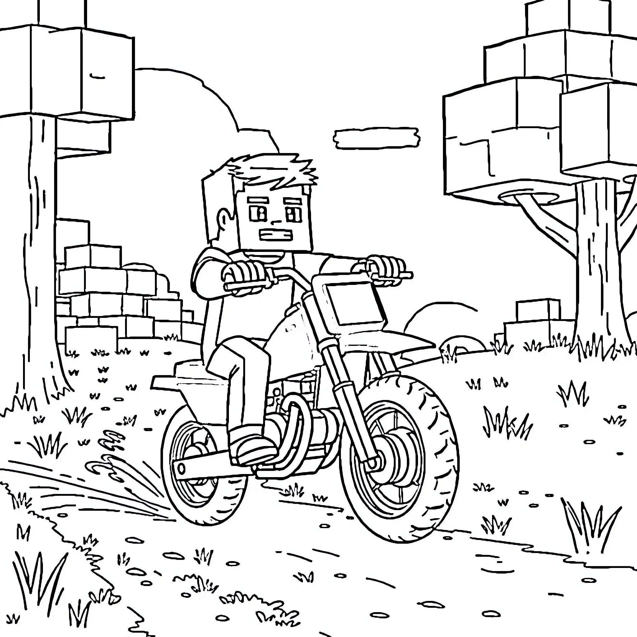 Steve riding his motorcycle through the city Coloring Page (free black-and-white line drawing printable PDF for all, from beginners to advanced learners, including children, teens, adults, and seniors)
