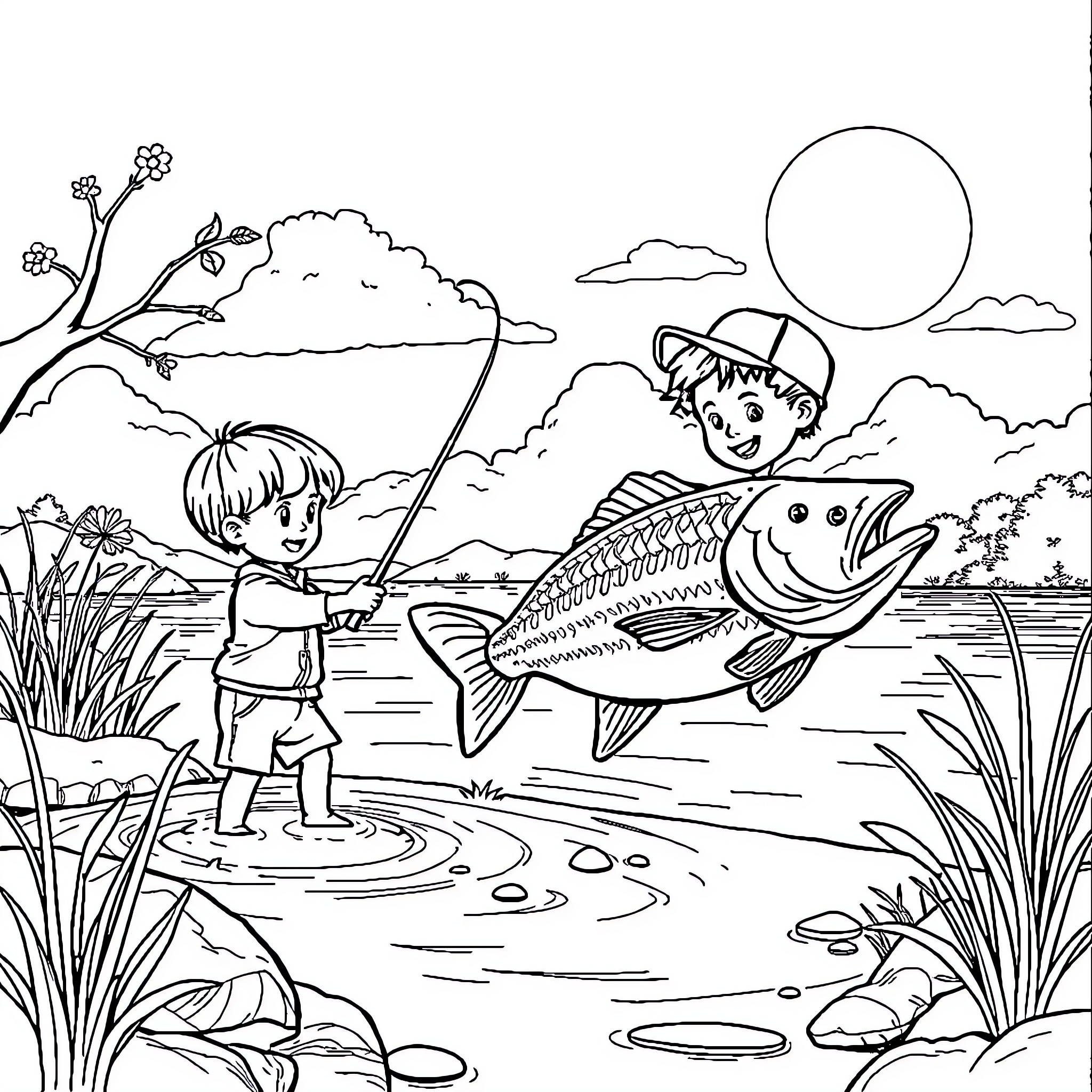 Kids Fishing By The Lake With Big Fish Coloring Page (free black-and-white line drawing printable PDF for all, from beginners to advanced learners, including children, teens, adults, and seniors)
