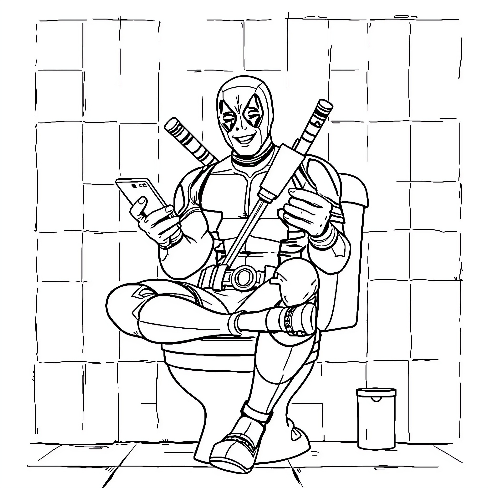Deadpool Relaxing with Weapons and Gadgets Coloring Page (free black-and-white line drawing printable PDF for all, from beginners to advanced learners, including children, teens, adults, and seniors)