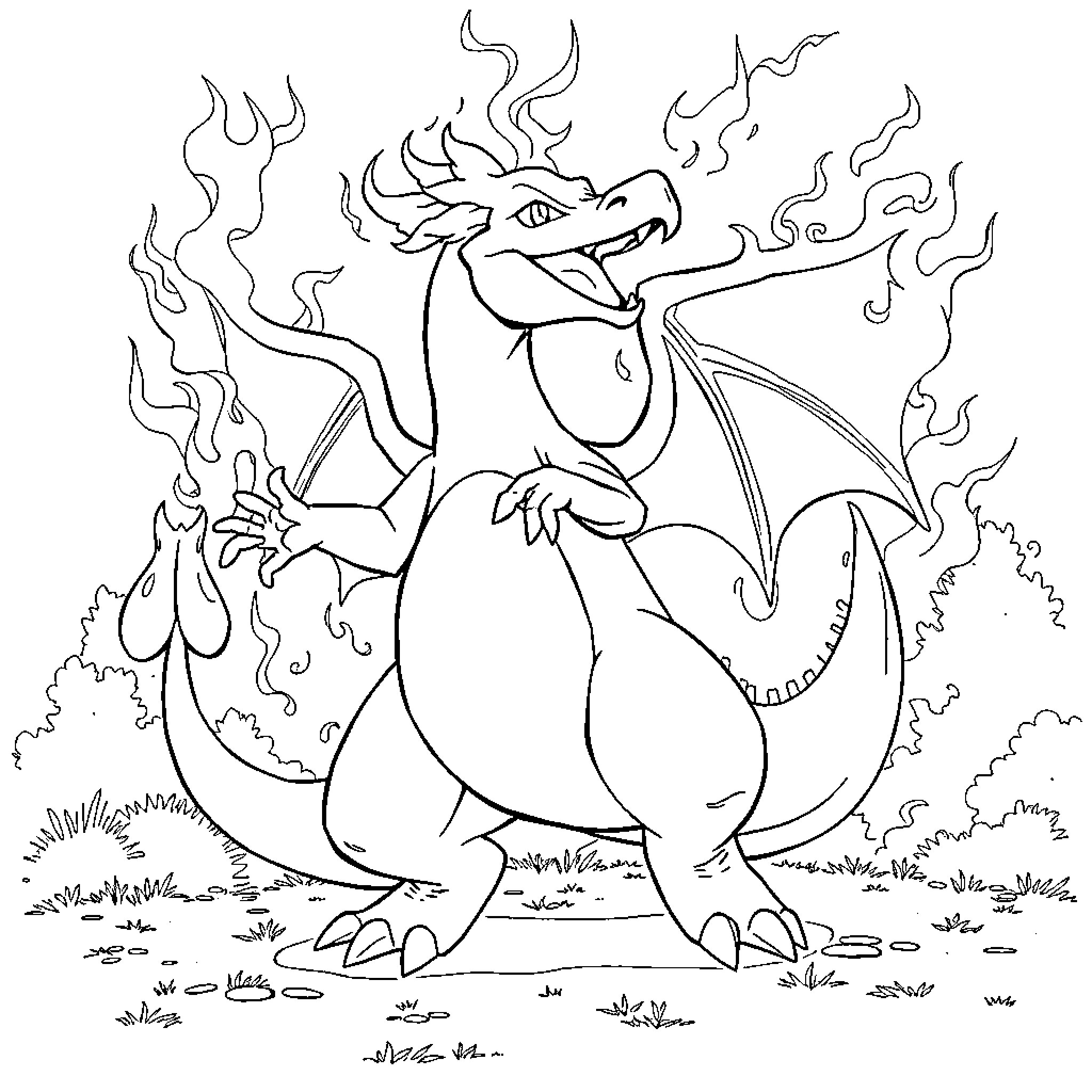 Charizard breathing fiery fury Coloring Page (free black-and-white line drawing printable PDF for all, from beginners to advanced learners, including children, teens, adults, and seniors)